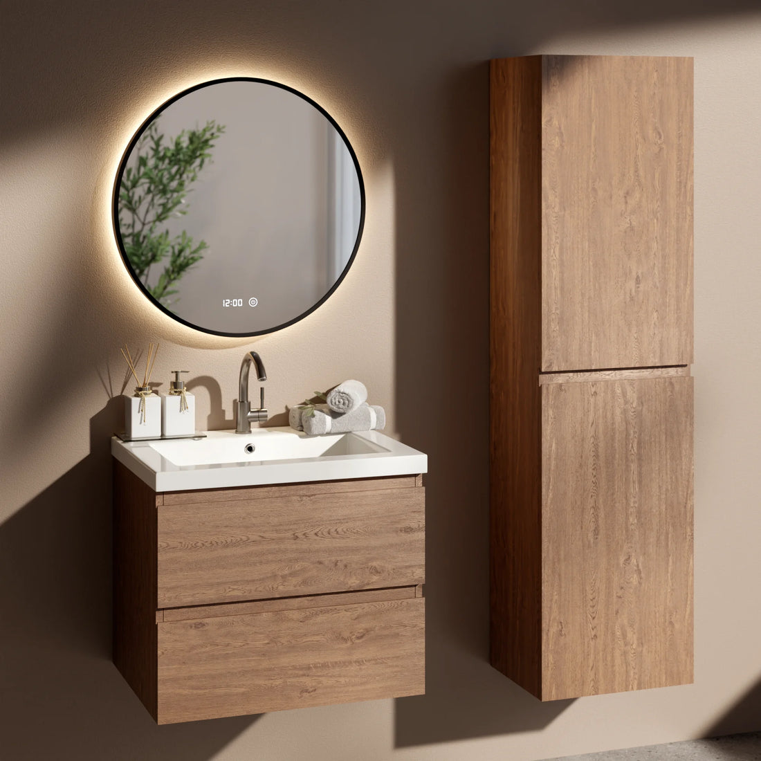 Ensemble de Meubles de salle de bain Valento – 60 cm – Chene Chaud – Lavabo Blanc