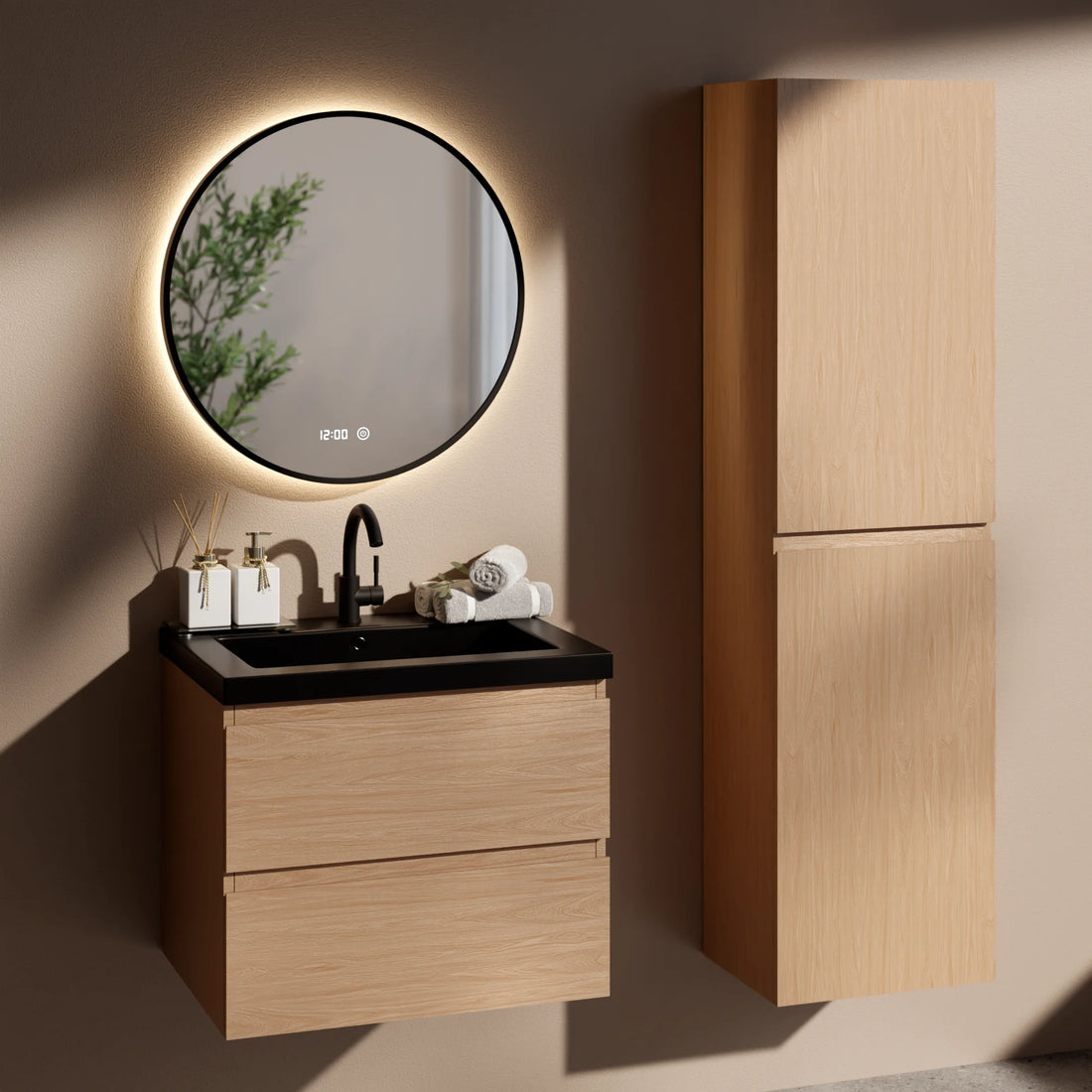 Ensemble de Meubles de salle de bain Monaco – 60 cm – Chene Clair – Lavabo Noir