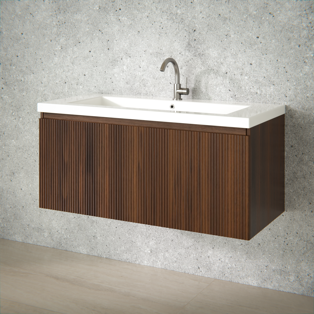 Meuble de salle de bain Indy - 100 cm - brun noyer - lavabo blanc