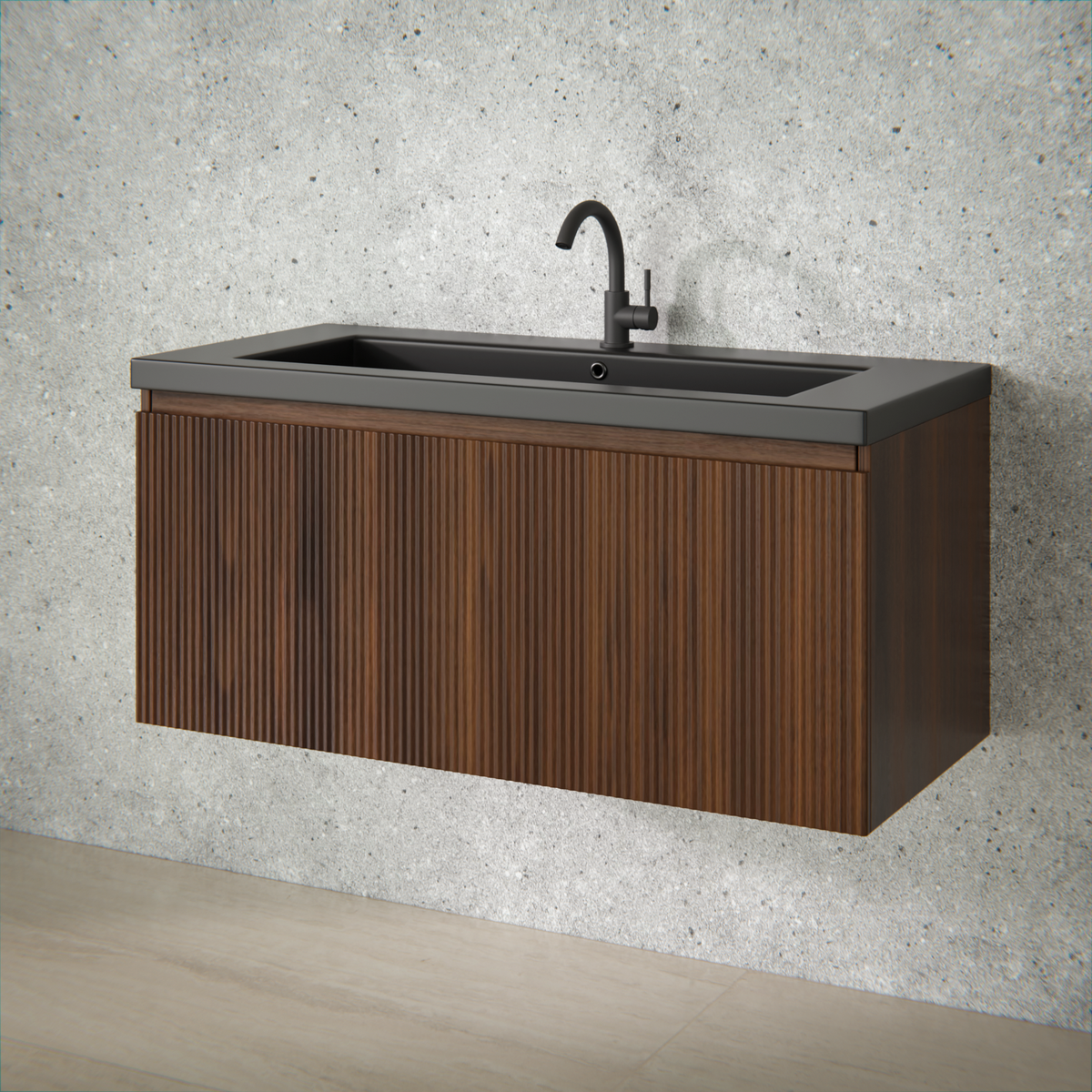 Meuble de salle de bain Indy - 100 cm - brun noyer - lavabo noir