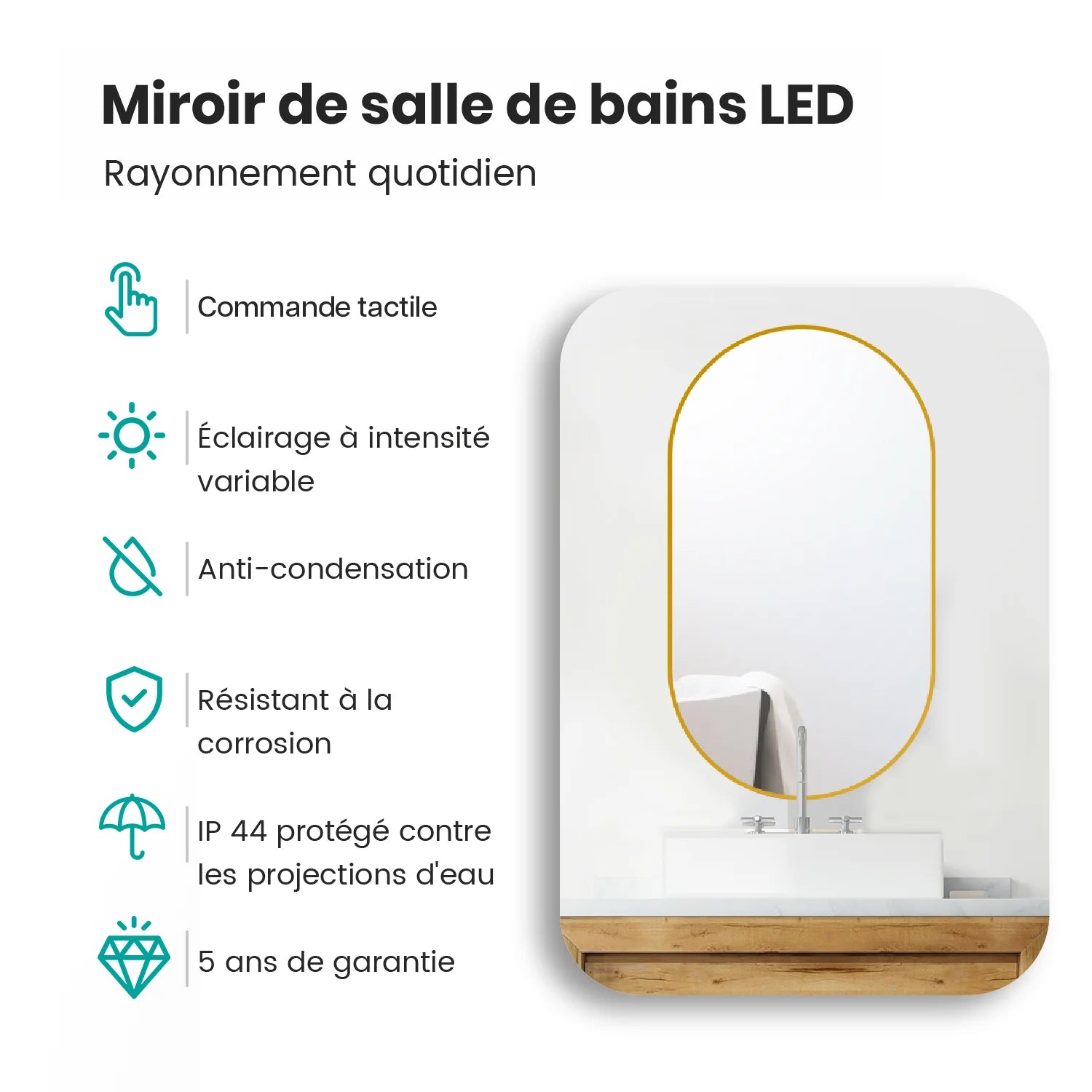 Miroir de salle de bain - 90x50cm Ovale - Cadre Doré