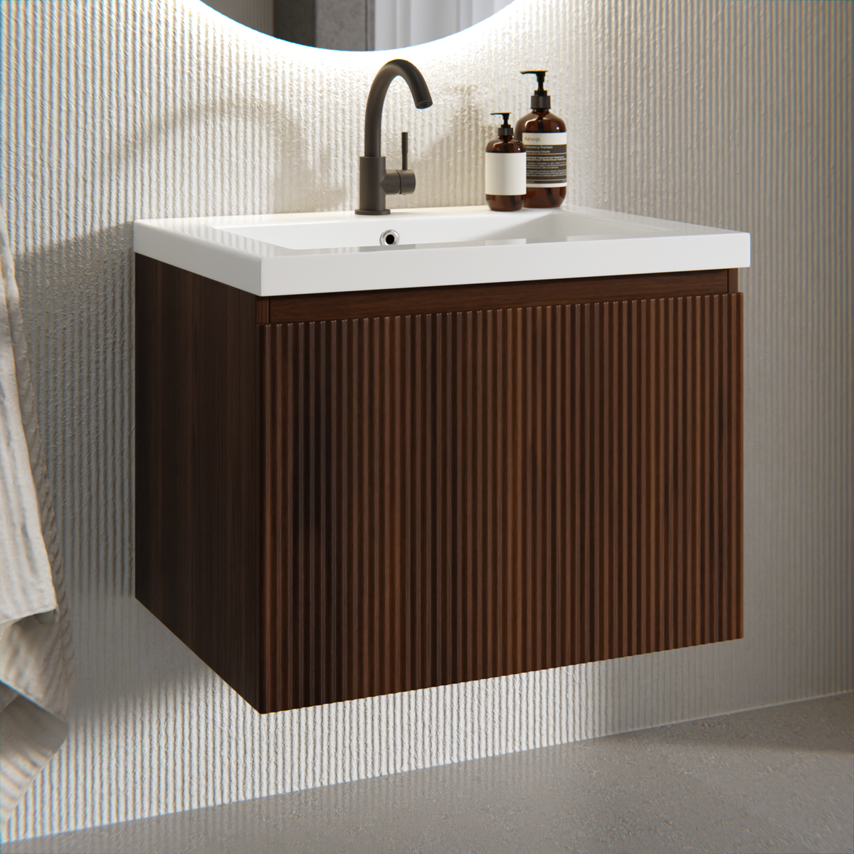 meuble de salle de bain Vino - 60 cm - brun noyer - lavabo blanc
