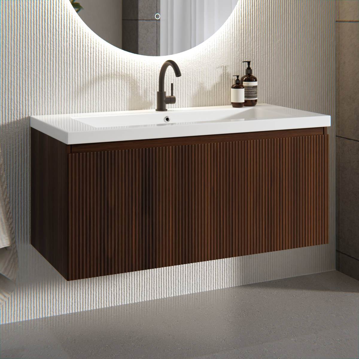 Meuble de salle de bain Indy - 100 cm - brun noyer - lavabo blanc