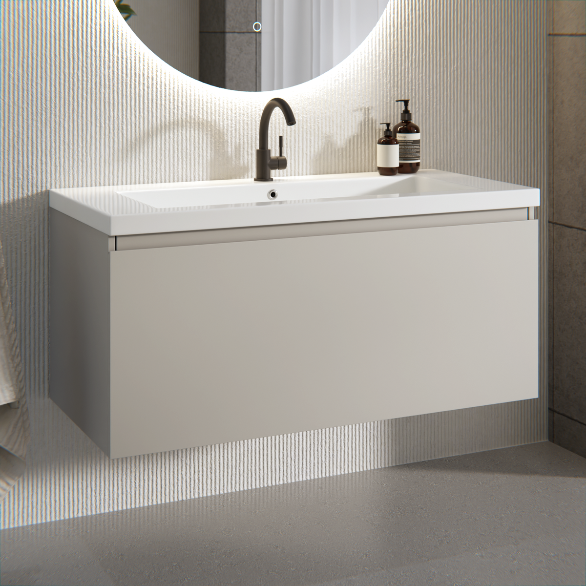 meuble de salle de bain Indy - 100 cm - Taupe - Lavabo Blanc
