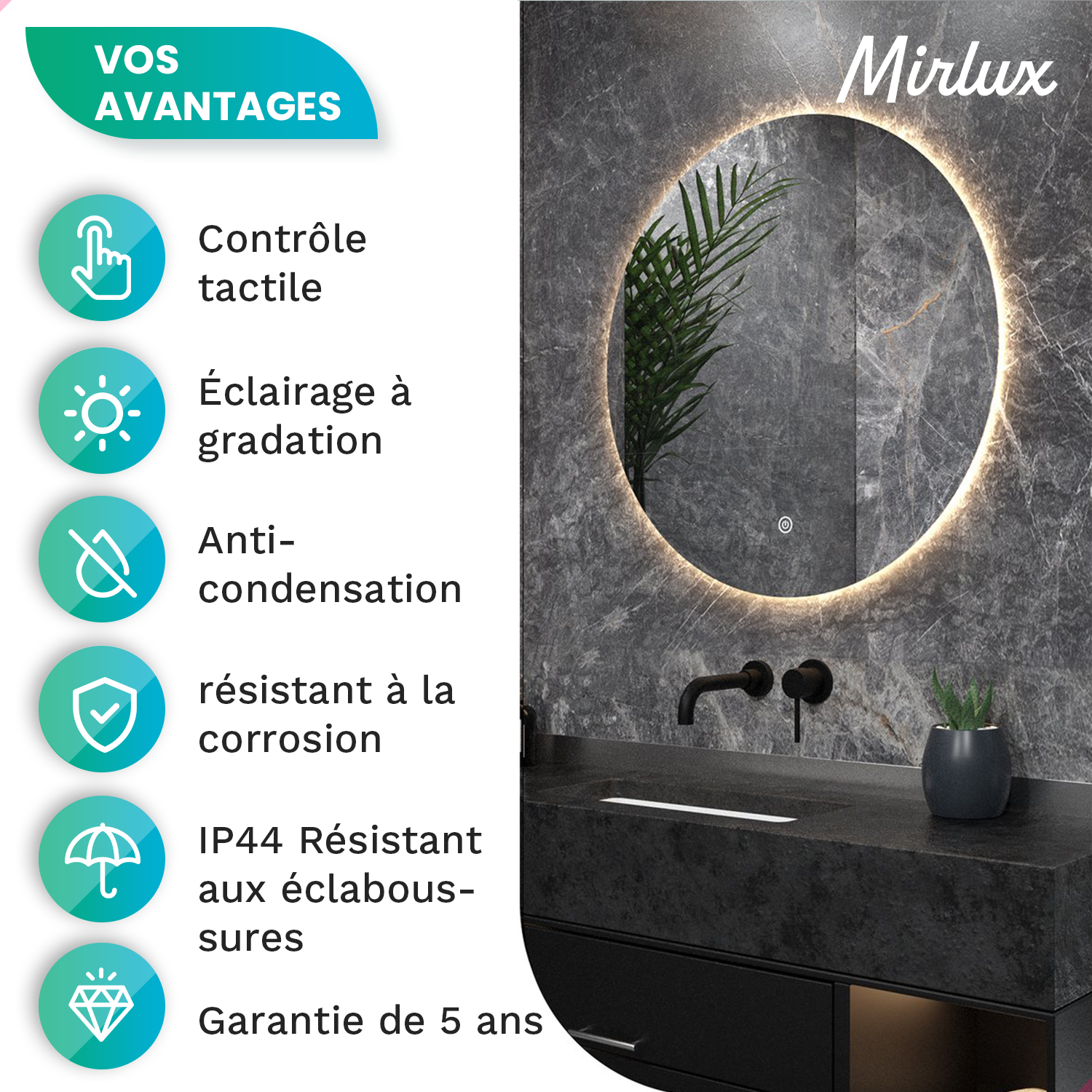 Miroir de salle de bain - 80cm - Rond - Sans cadre - Précommander