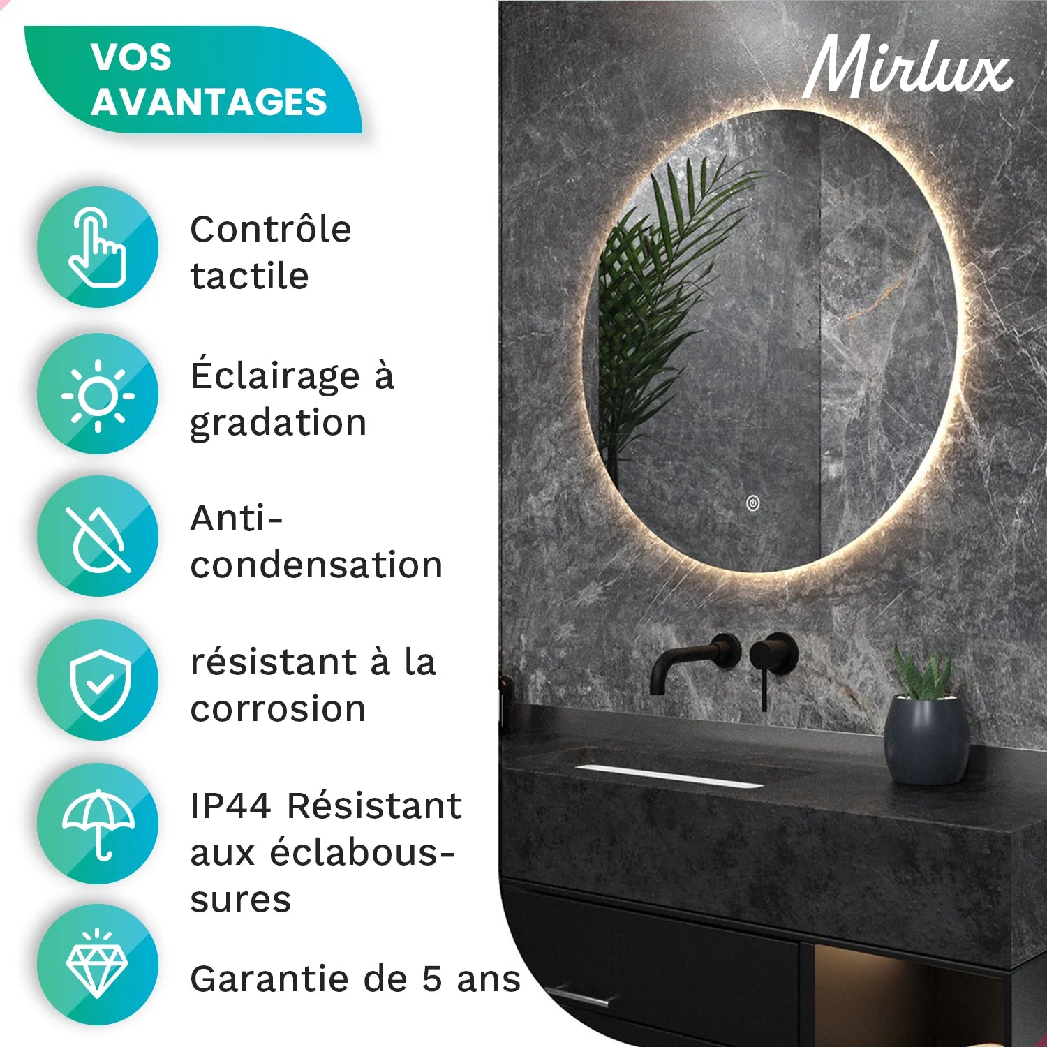 Miroir de salle de bain - 80cm - Rond - Sans cadre