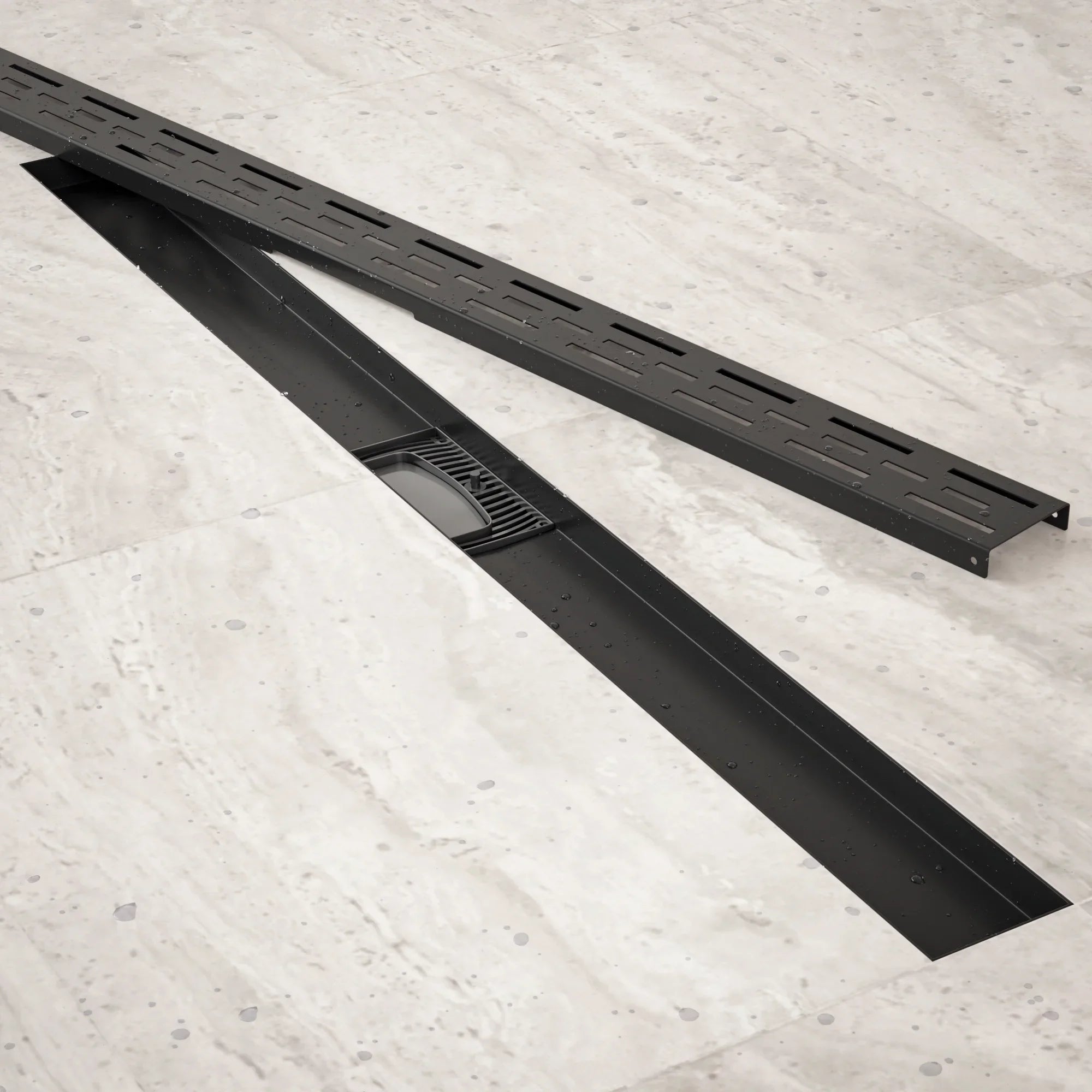 Caniveau de douche – 90 cm – Noir mat – Grille standard – Acier inoxydable – avec bride