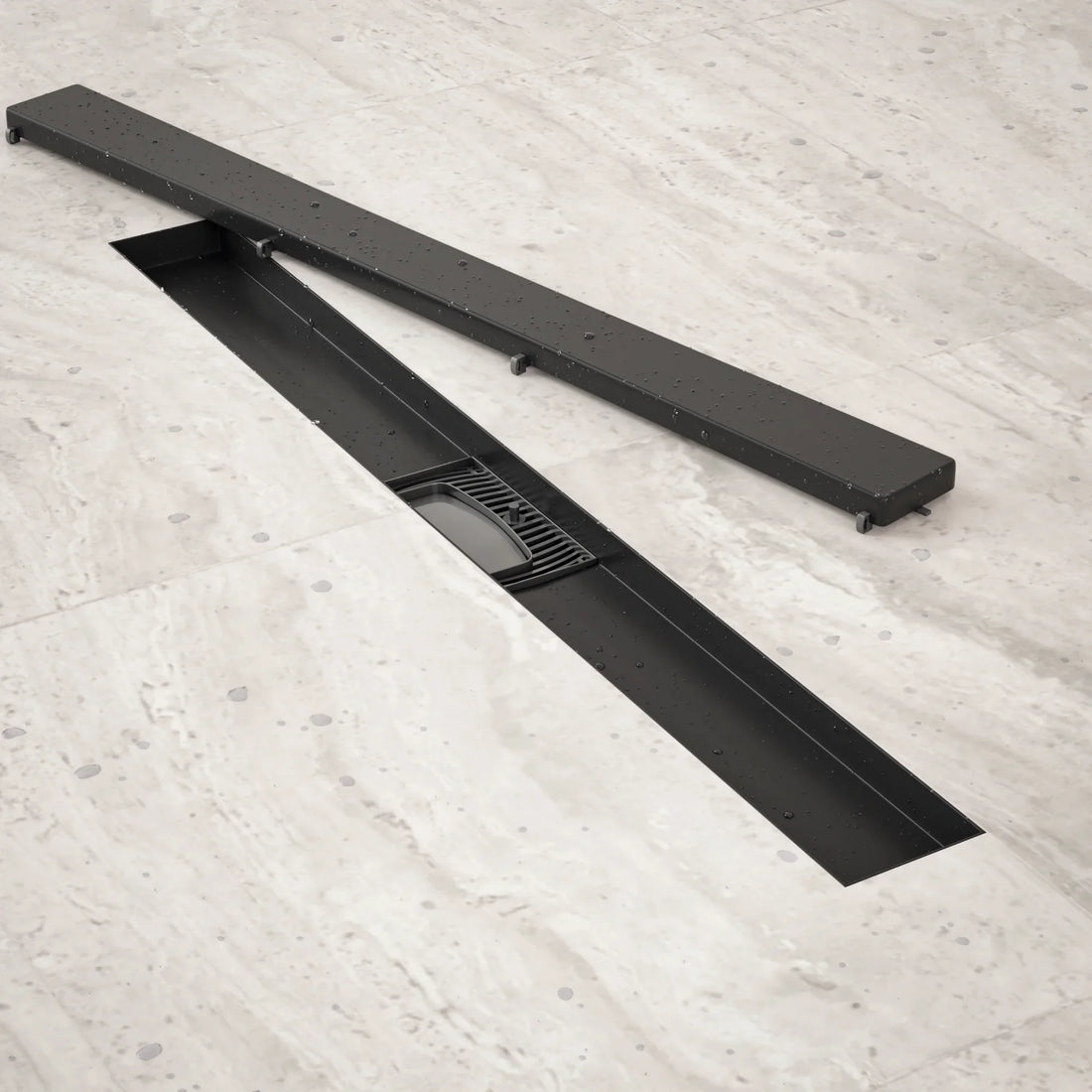 Caniveau de douche – 70 cm – Noir mat – Grille a carreaux – Acier inoxydable – avec bride – Precommander - Précommander