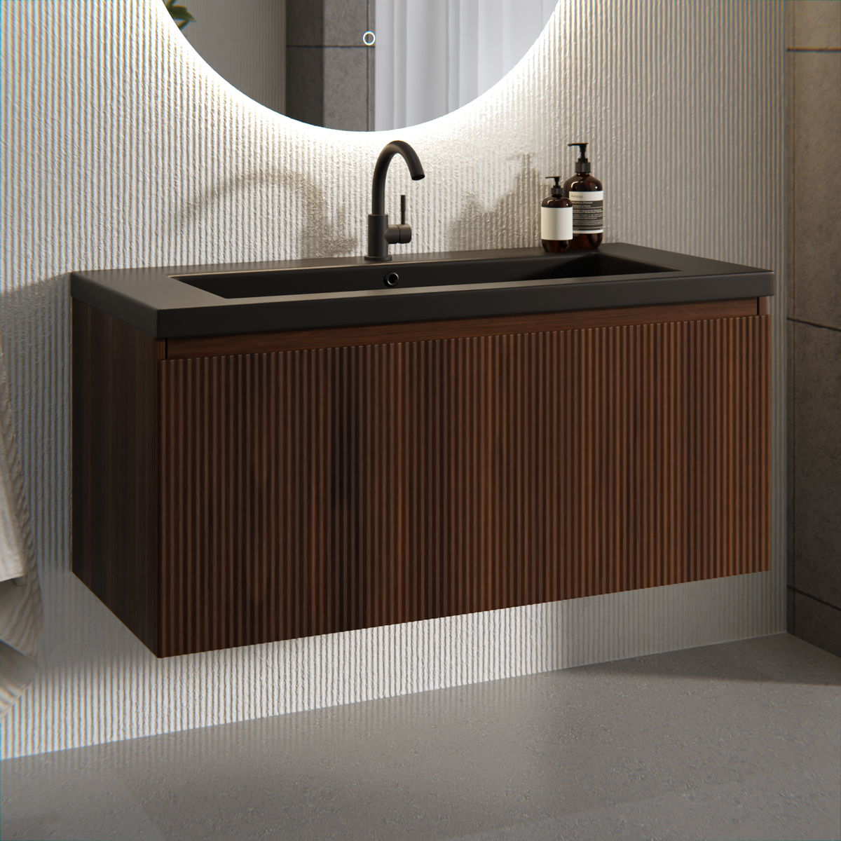 Meuble de salle de bain Indy - 100 cm - brun noyer - lavabo noir