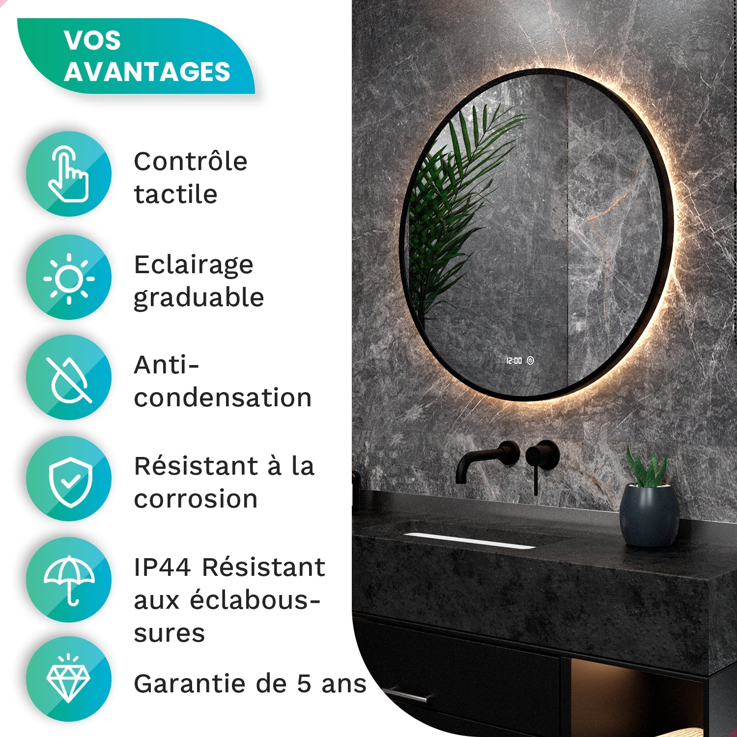 Miroir de Salle de Bain - 80cm - Cadre Noir