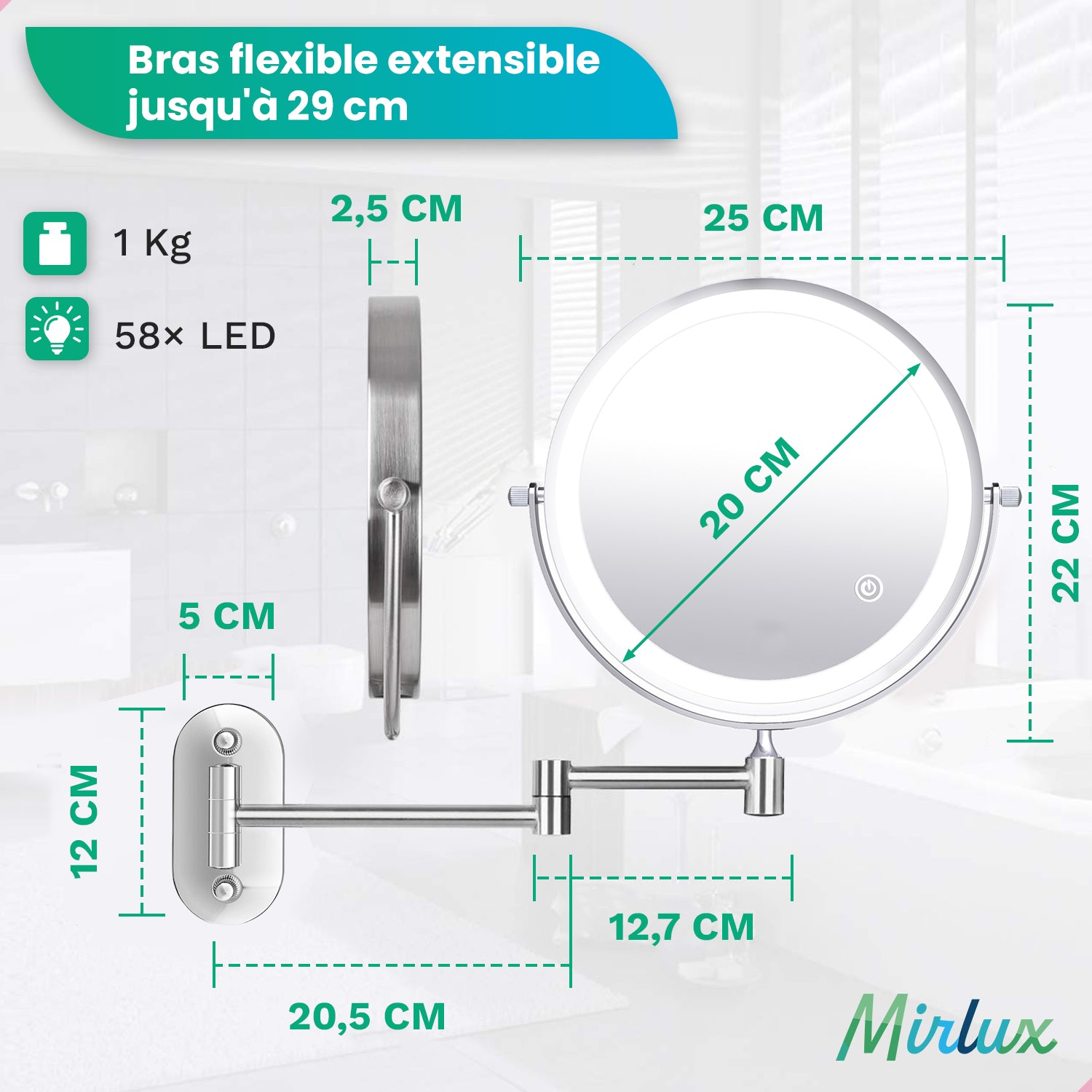 Miroir de maquillage - Rechargeable - Chrome - Grossissement 1-10x