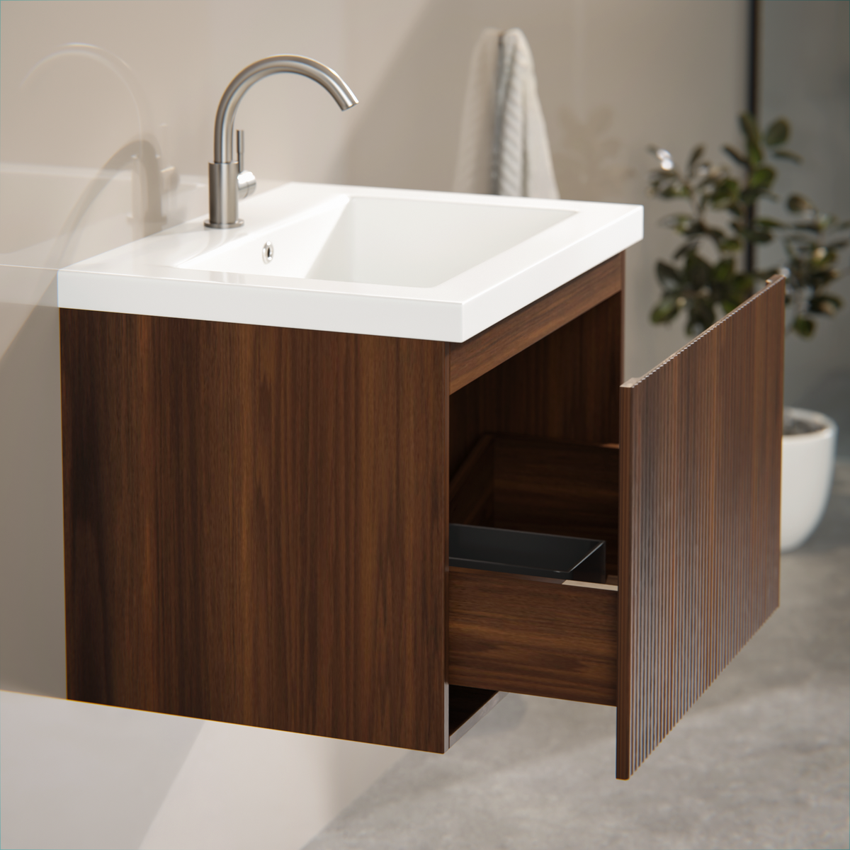 meuble de salle de bain Vino - 60 cm - brun noyer - lavabo blanc