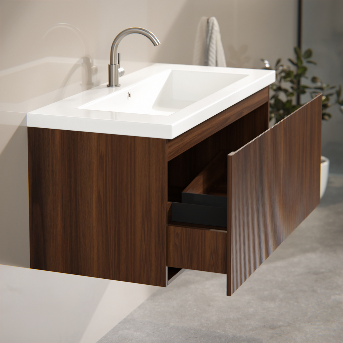 Meuble de salle de bain Indy - 100 cm - brun noyer - lavabo blanc
