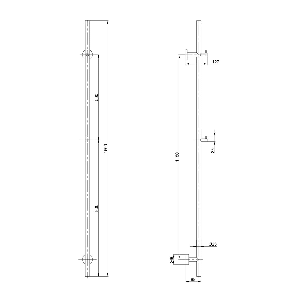 Sèche-serviettes électrique en barre - 70 Watts - 150 cm - Cuivre