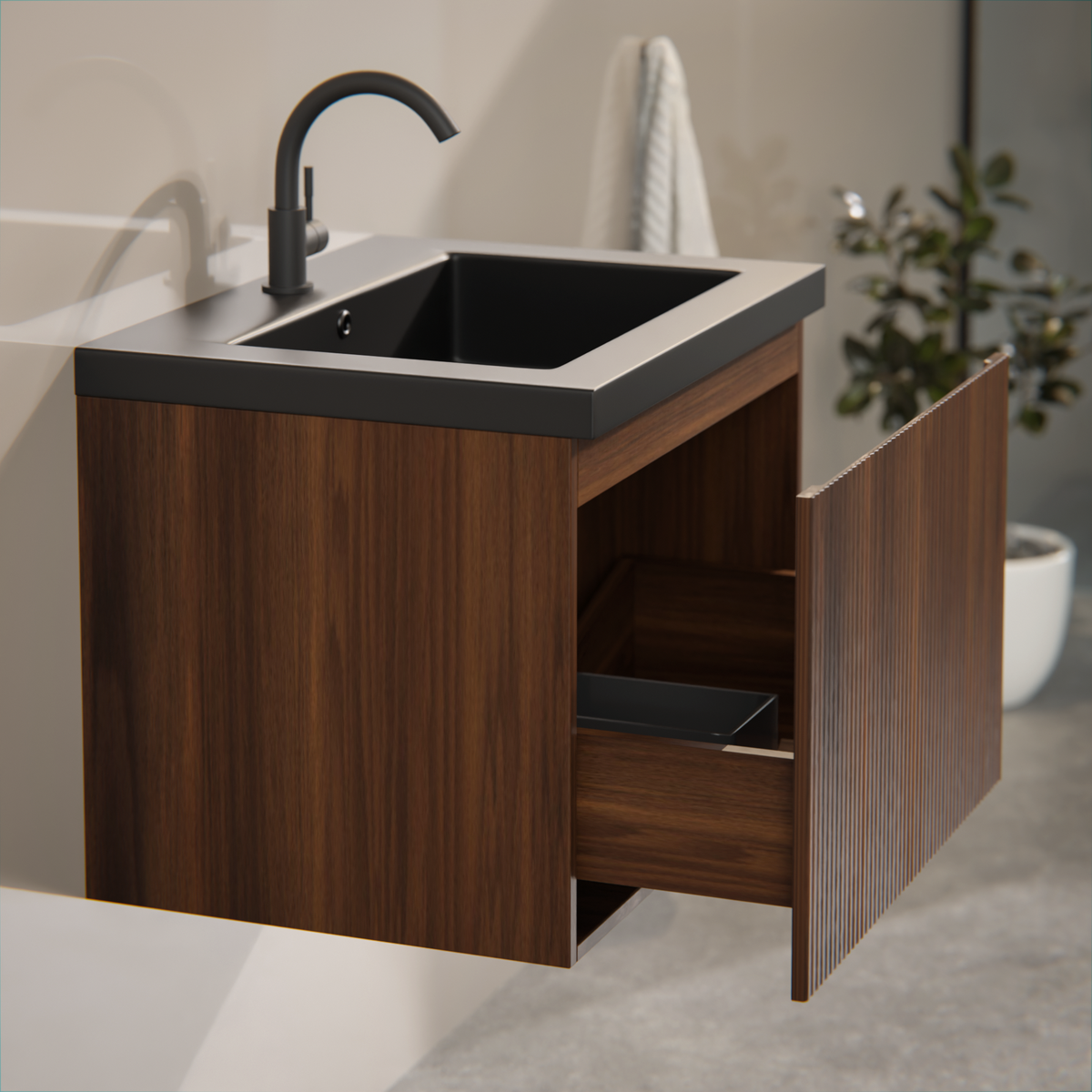 meuble de salle de bain Vino - 60 cm - brun noyer - lavabo noir