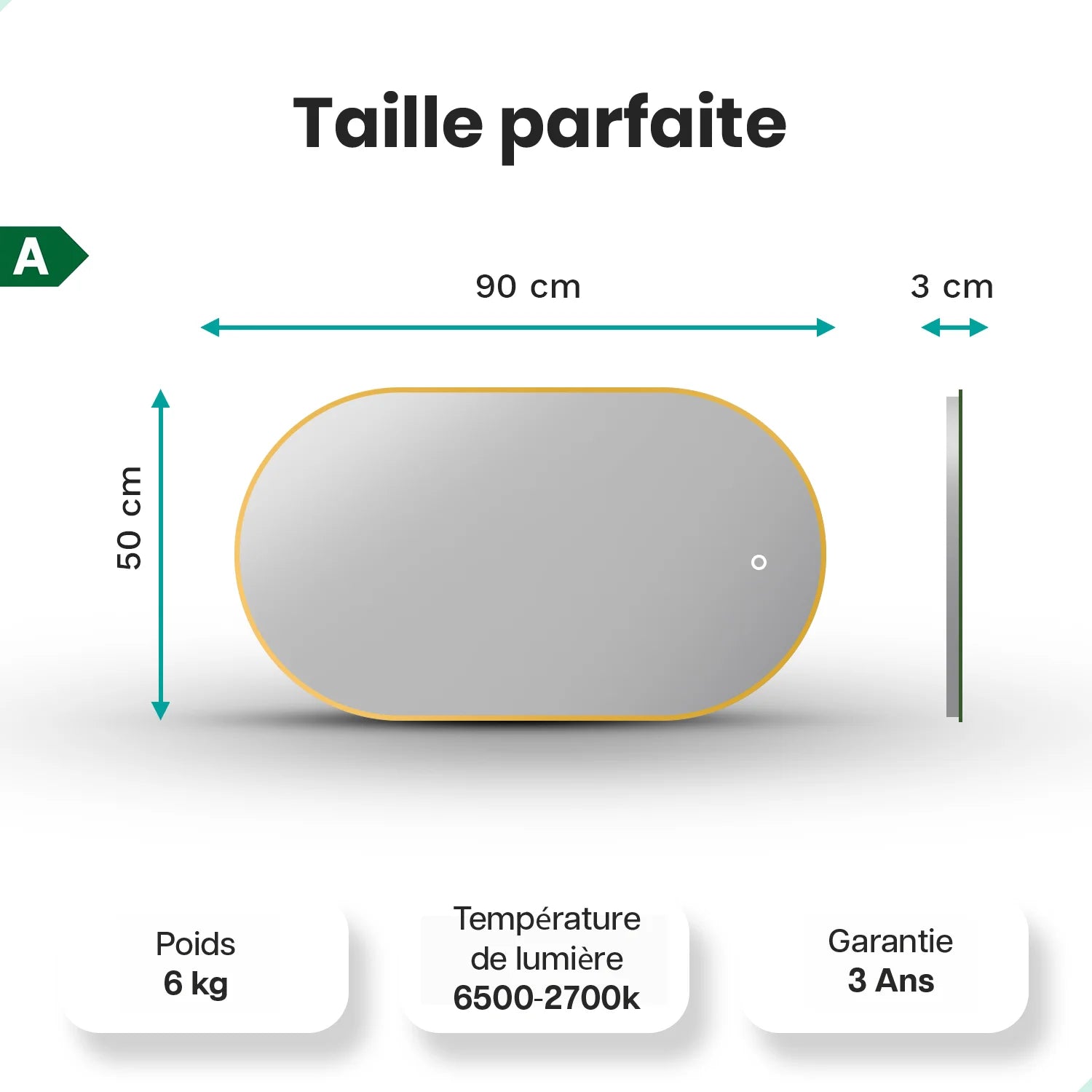 Miroir de salle de bain - 90x50cm Ovale - Cadre Doré