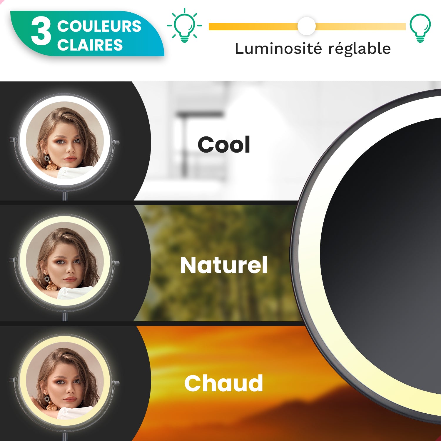 Miroir de maquillage - Rechargeable - Chrome - Grossissement 1-10x