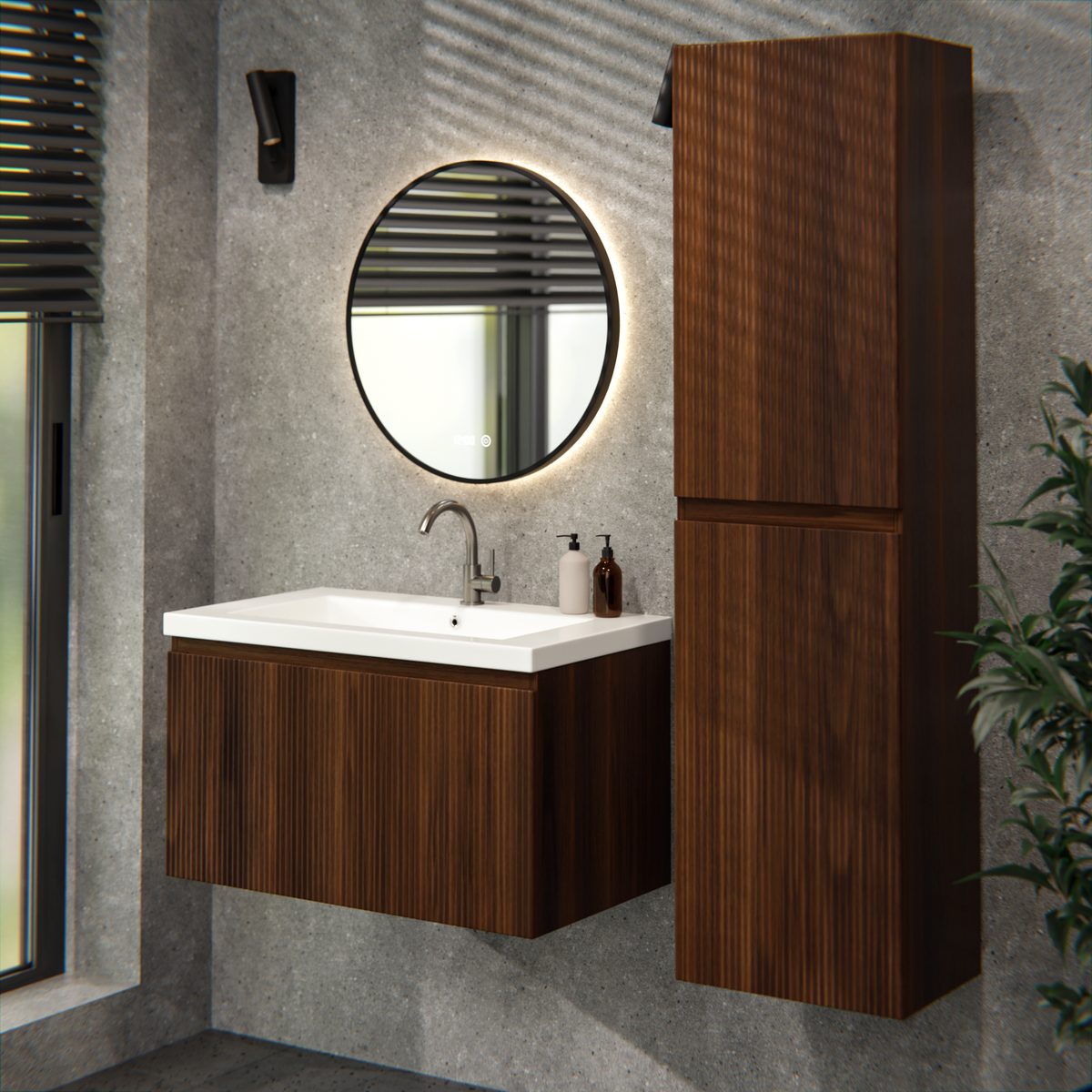 meuble de salle de bain Niko - 80cm - noyer - lavabo blanc