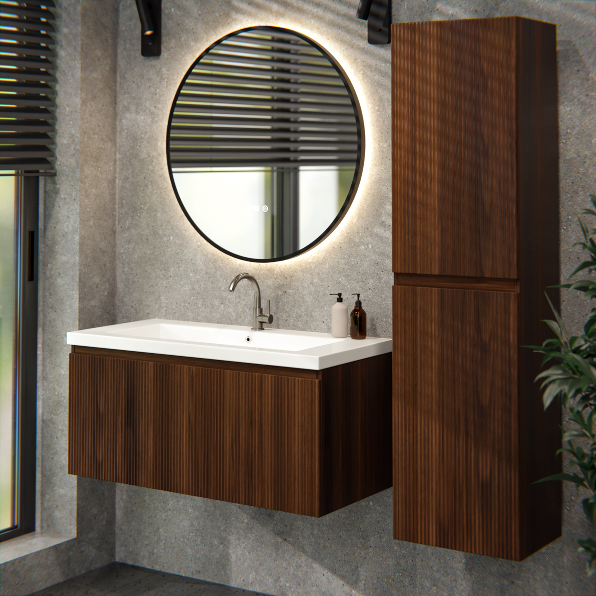 Meuble de salle de bain Indy - 100 cm - brun noyer - lavabo blanc