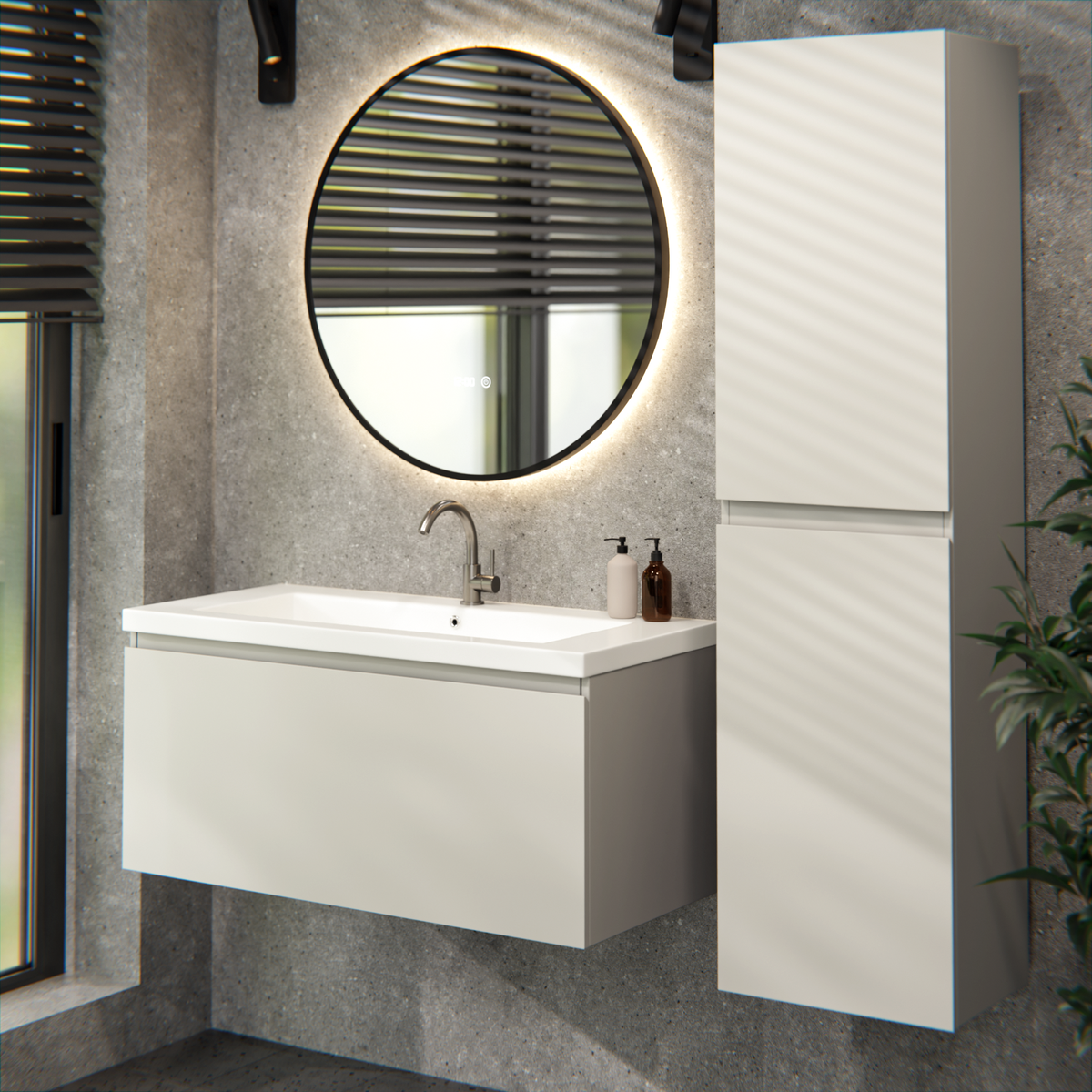 meuble de salle de bain Indy - 100 cm - Taupe - Lavabo Blanc