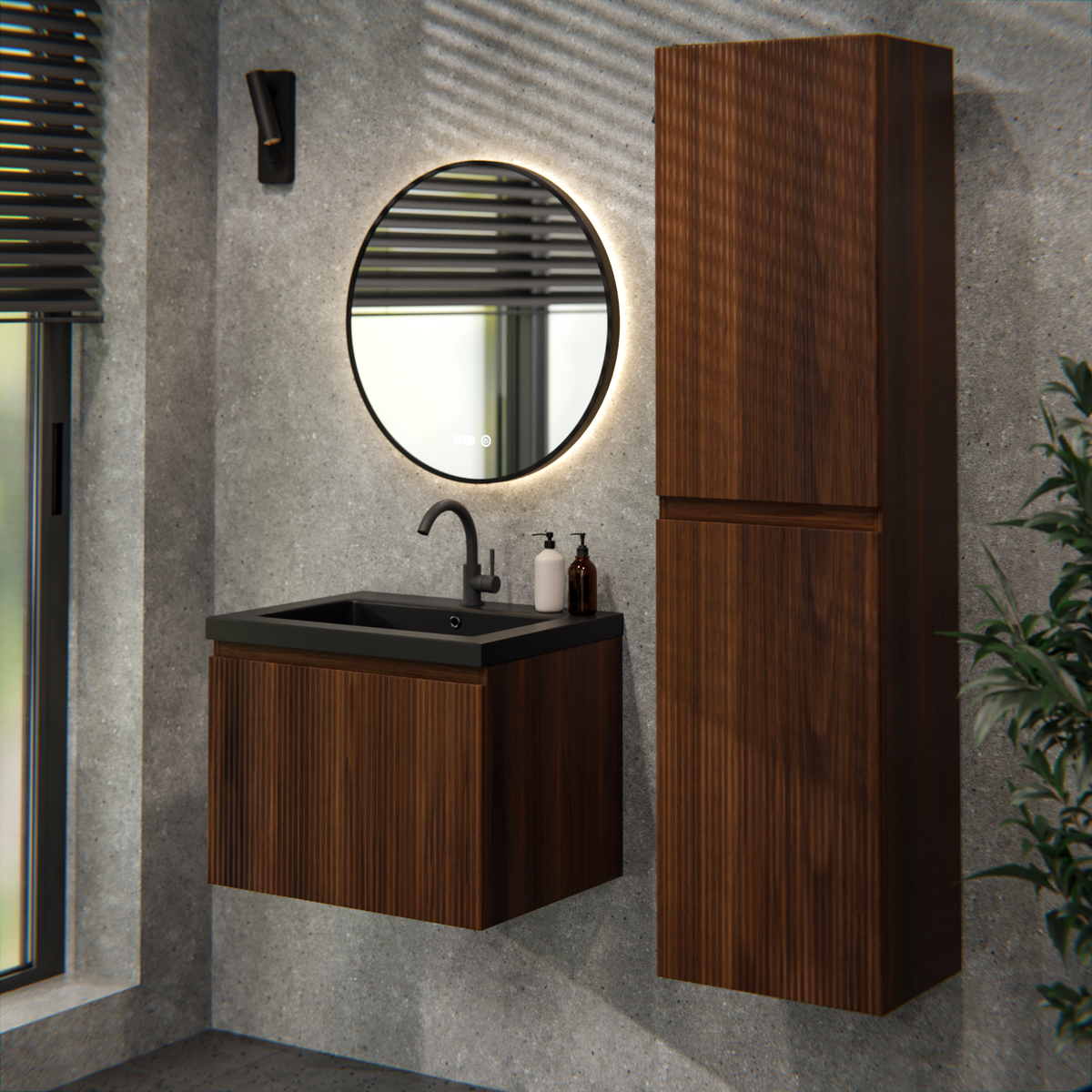 meuble de salle de bain Vino - 60 cm - brun noyer - lavabo noir