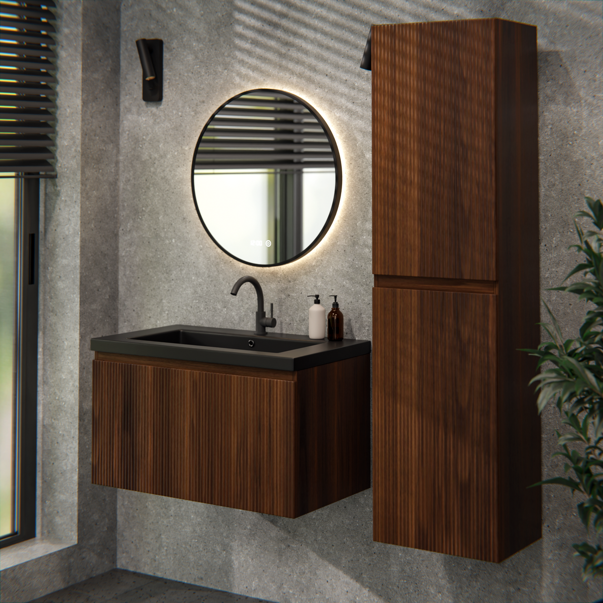 meuble de salle de bain Niko - 80cm - noyer - lavabo noir