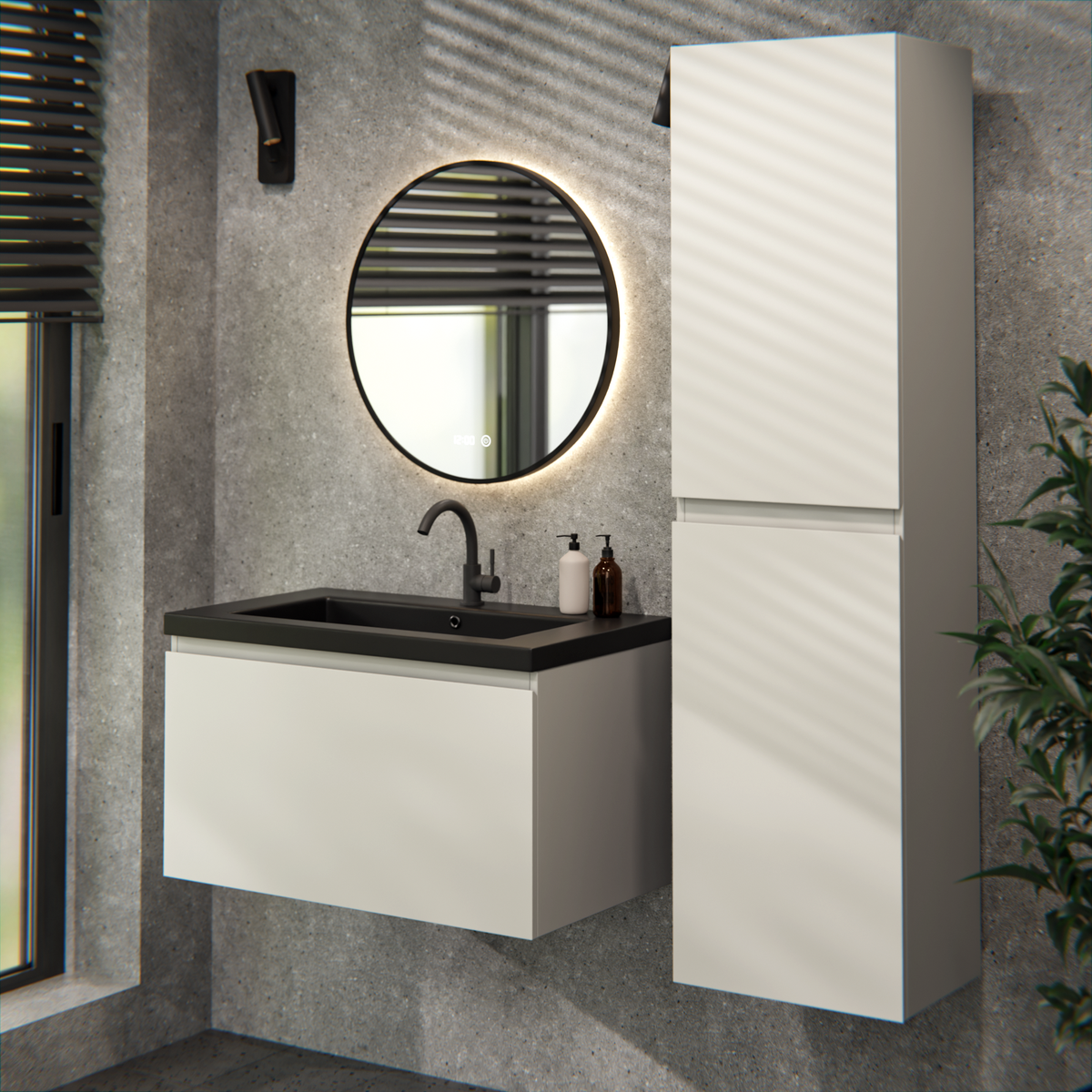 meuble de salle de bain Niko - 80cm - Taupe - lavabo Noir