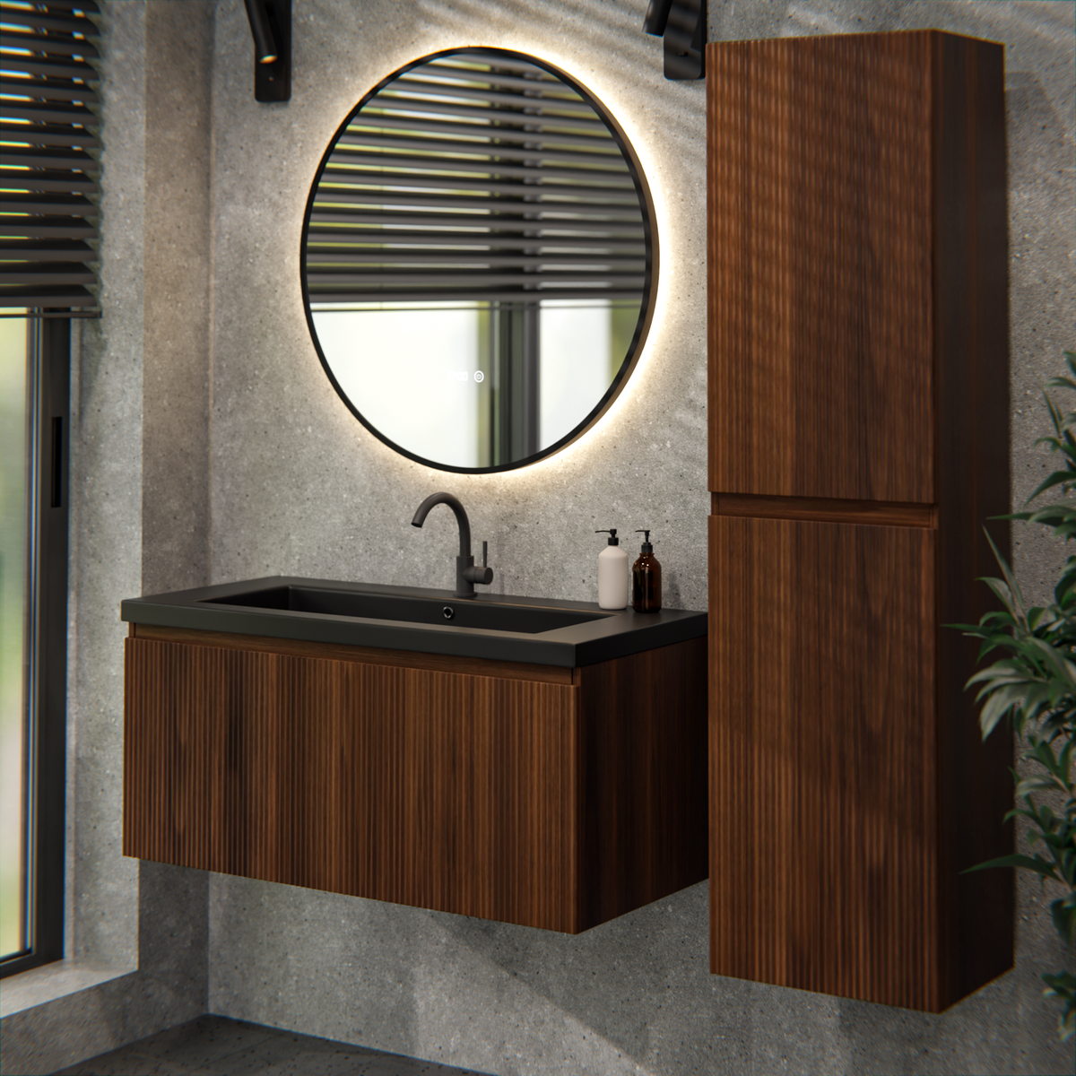 Meuble de salle de bain Indy - 100 cm - brun noyer - lavabo noir
