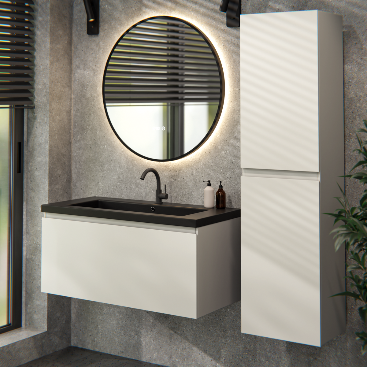meuble de salle de bain Indy - 100 cm - Taupe - lavabo Noir