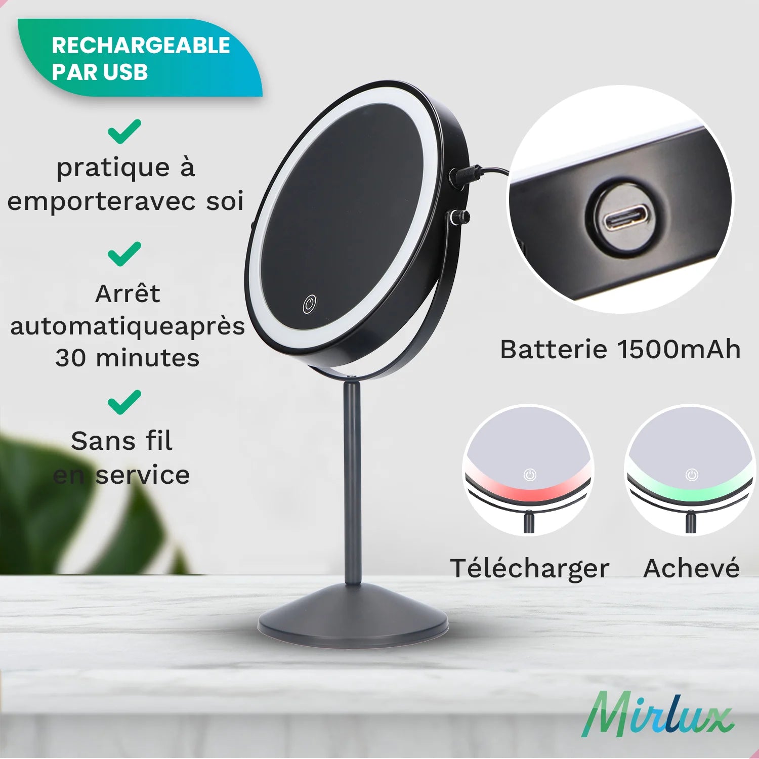 Miroir de maquillage - Rechargeable - Noir - Grossissement 1-10x
