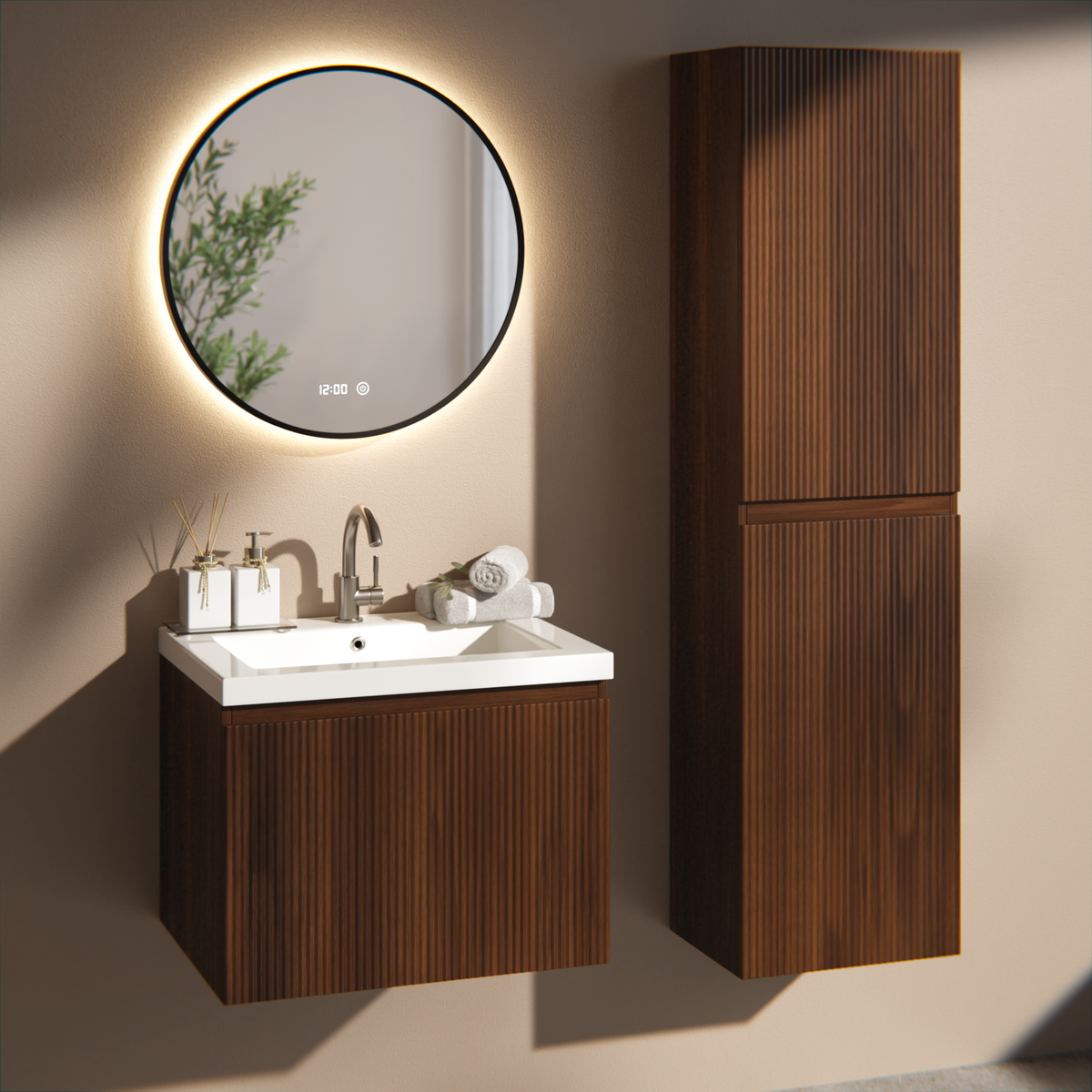 meuble de salle de bain Vino - 60 cm - brun noyer - lavabo blanc