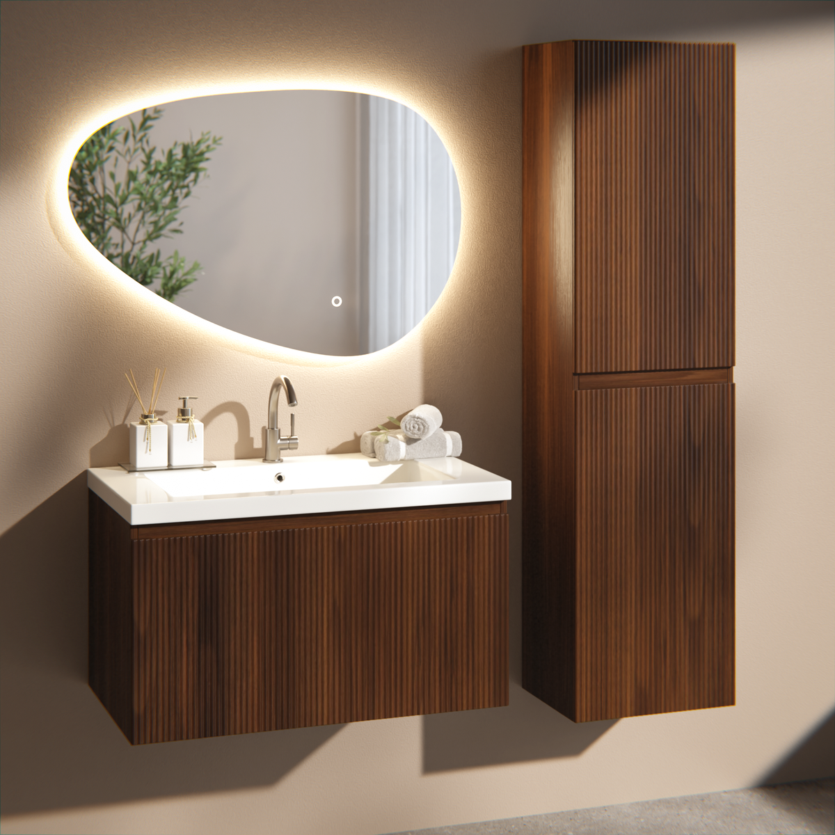 meuble de salle de bain Niko - 80cm - noyer - lavabo blanc