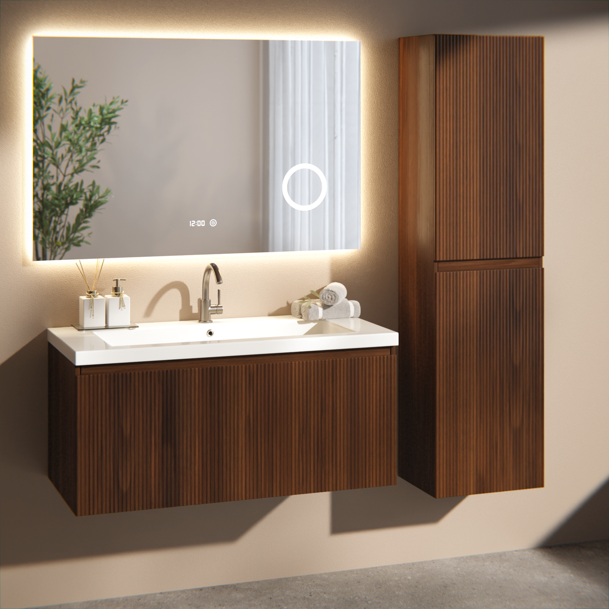 Meuble de salle de bain Indy - 100 cm - brun noyer - lavabo blanc