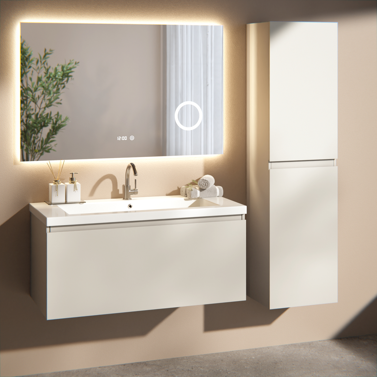 meuble de salle de bain Indy - 100 cm - Taupe - Lavabo Blanc