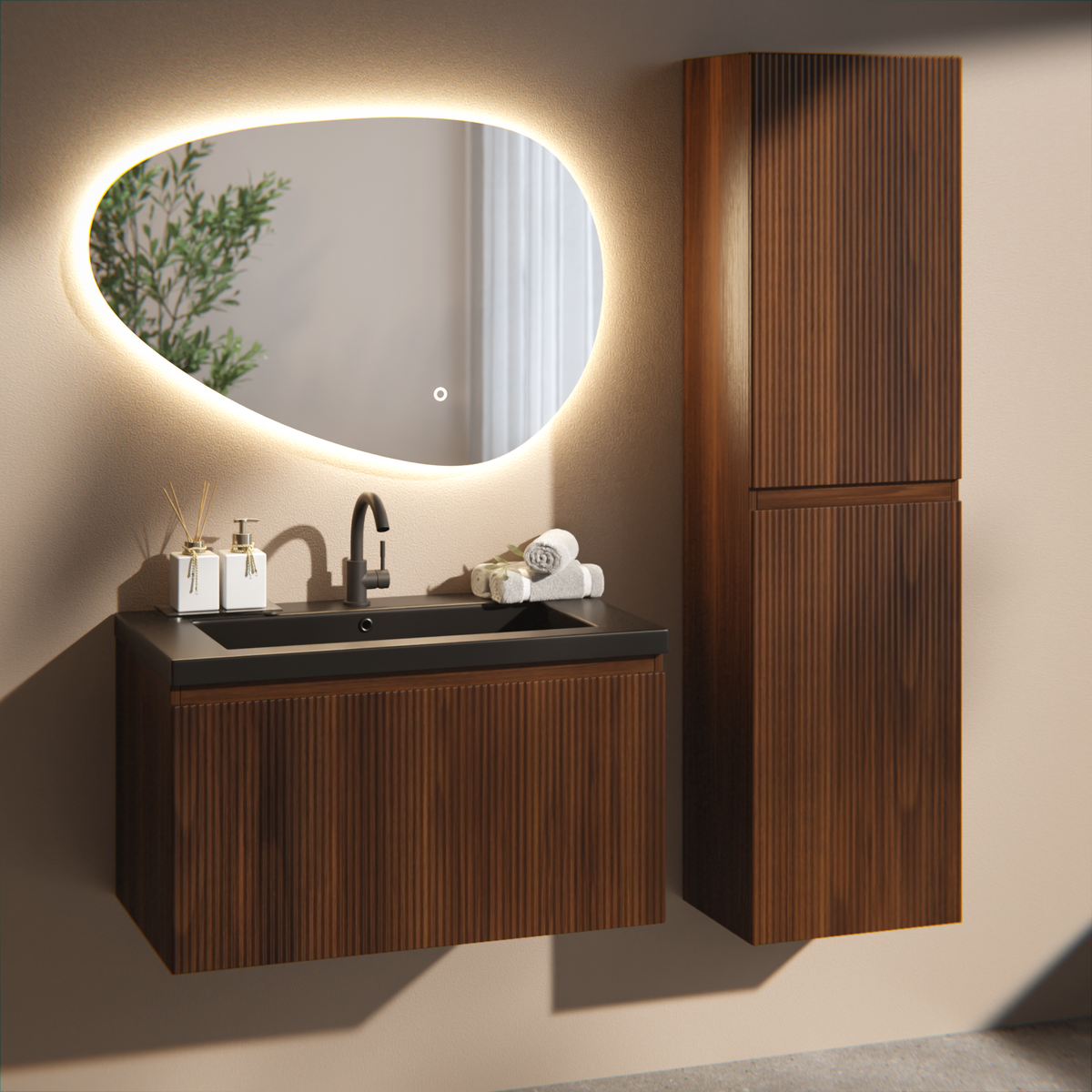 meuble de salle de bain Niko - 80cm - noyer - lavabo noir