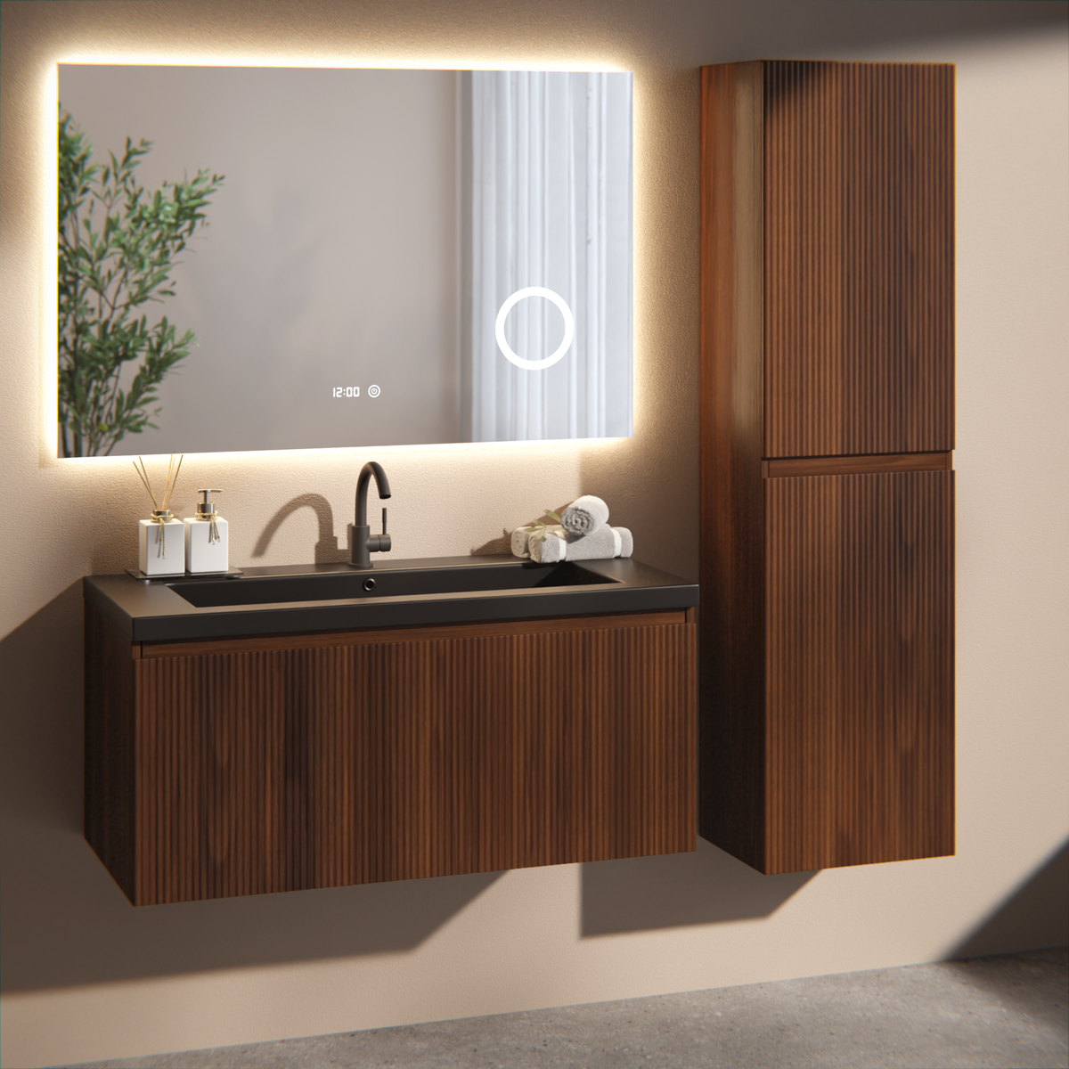 Meuble de salle de bain Indy - 100 cm - brun noyer - lavabo noir