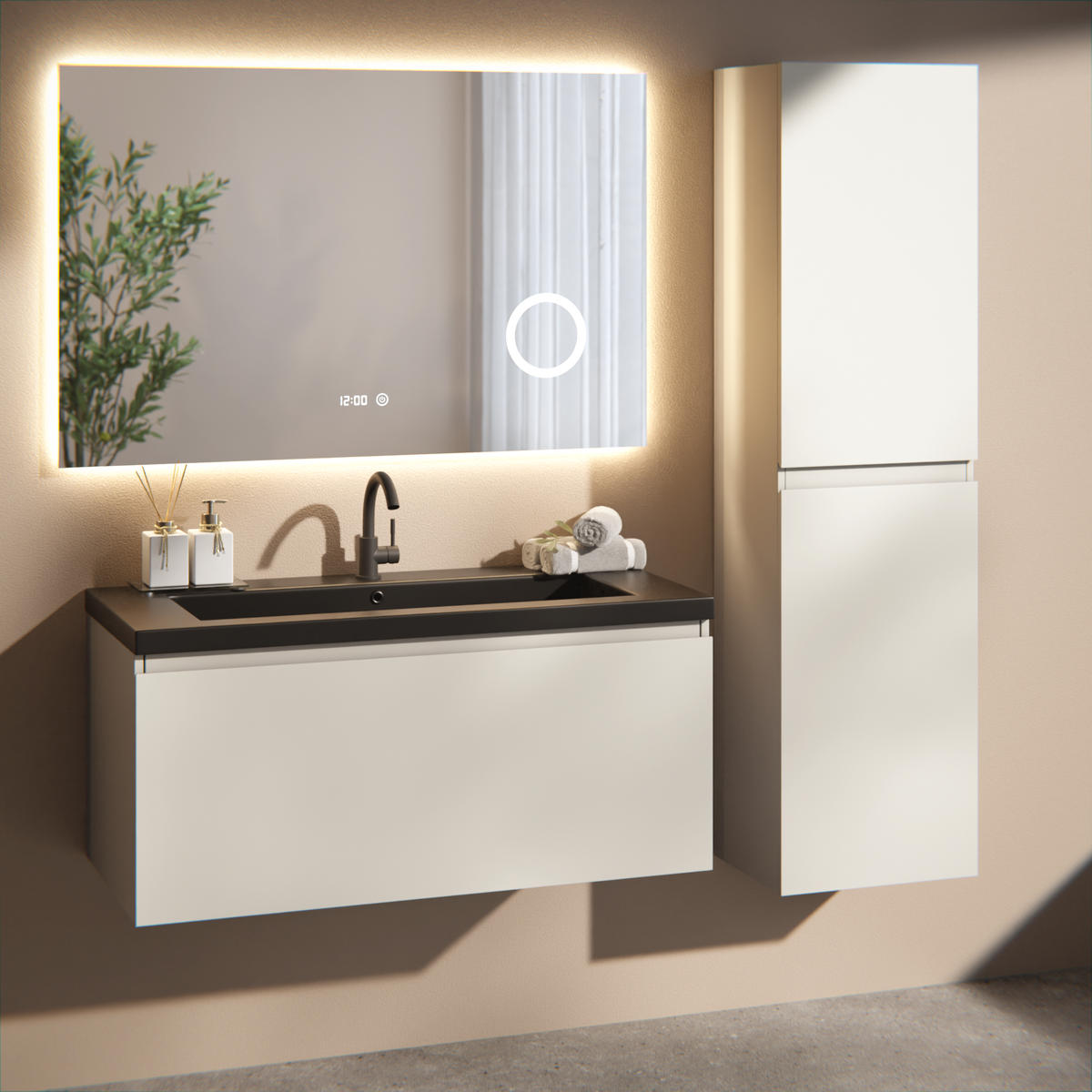 meuble de salle de bain Indy - 100 cm - Taupe - lavabo Noir
