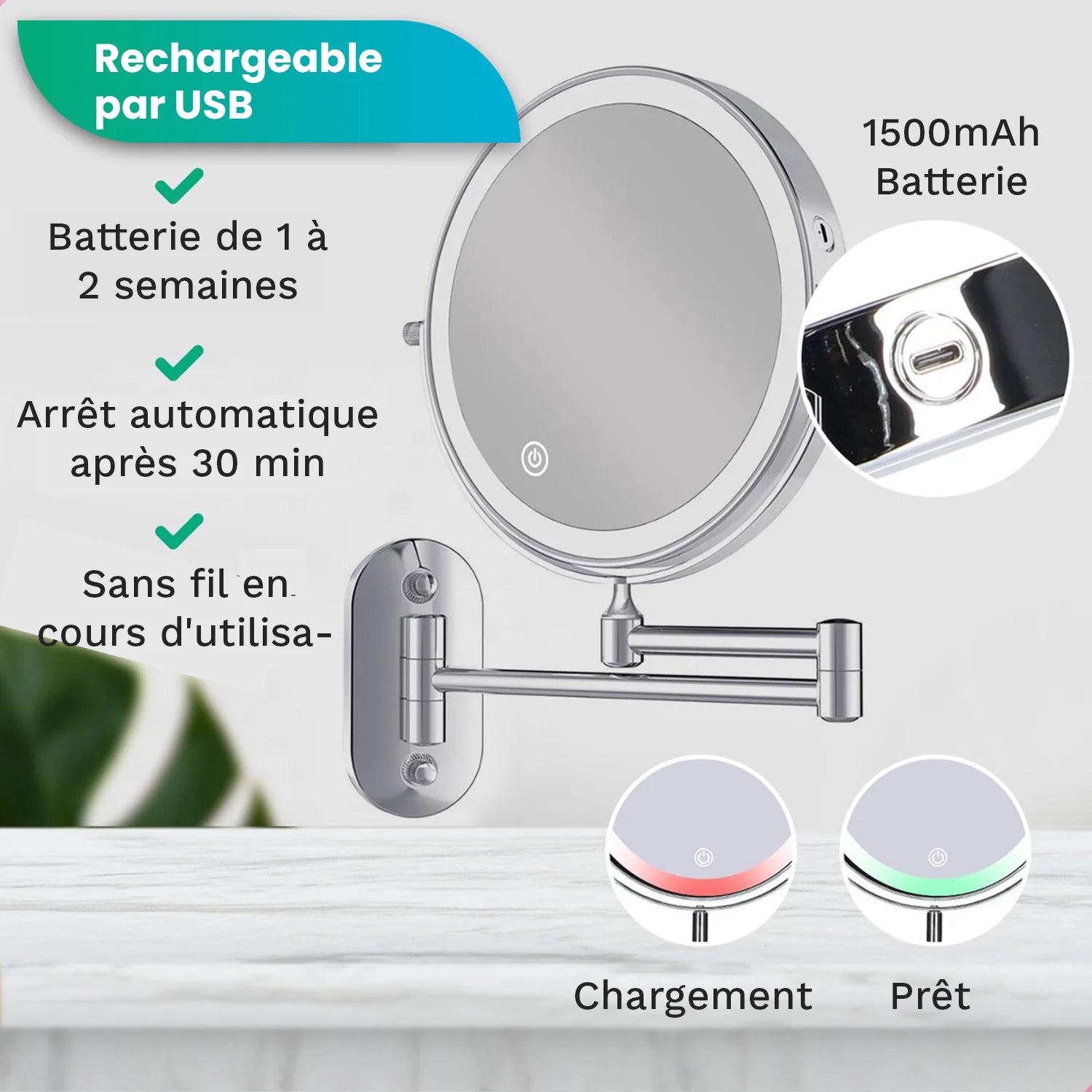 Miroir de maquillage - Rechargeable - Chrome - Grossissement 1-10x