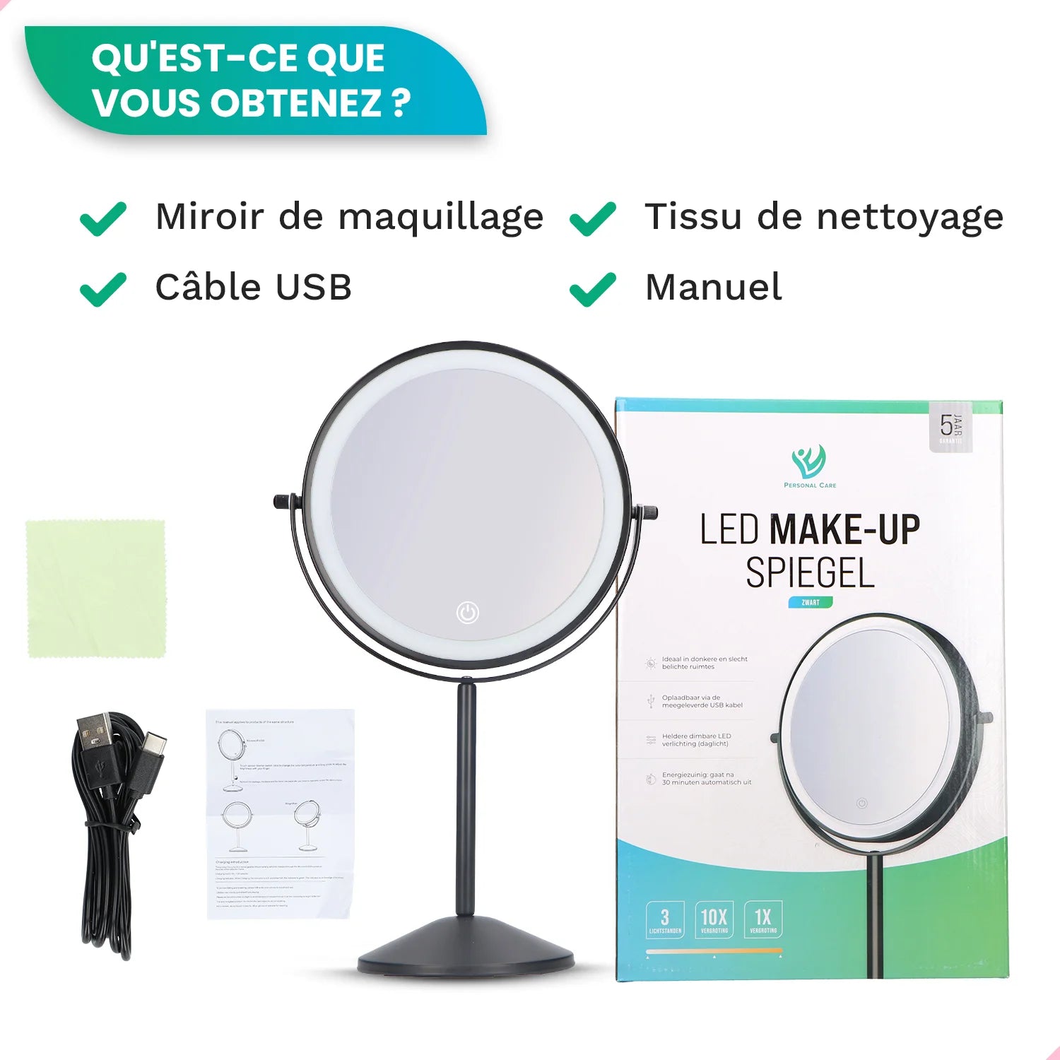 Miroir de maquillage - Rechargeable - Noir - Grossissement 1-10x