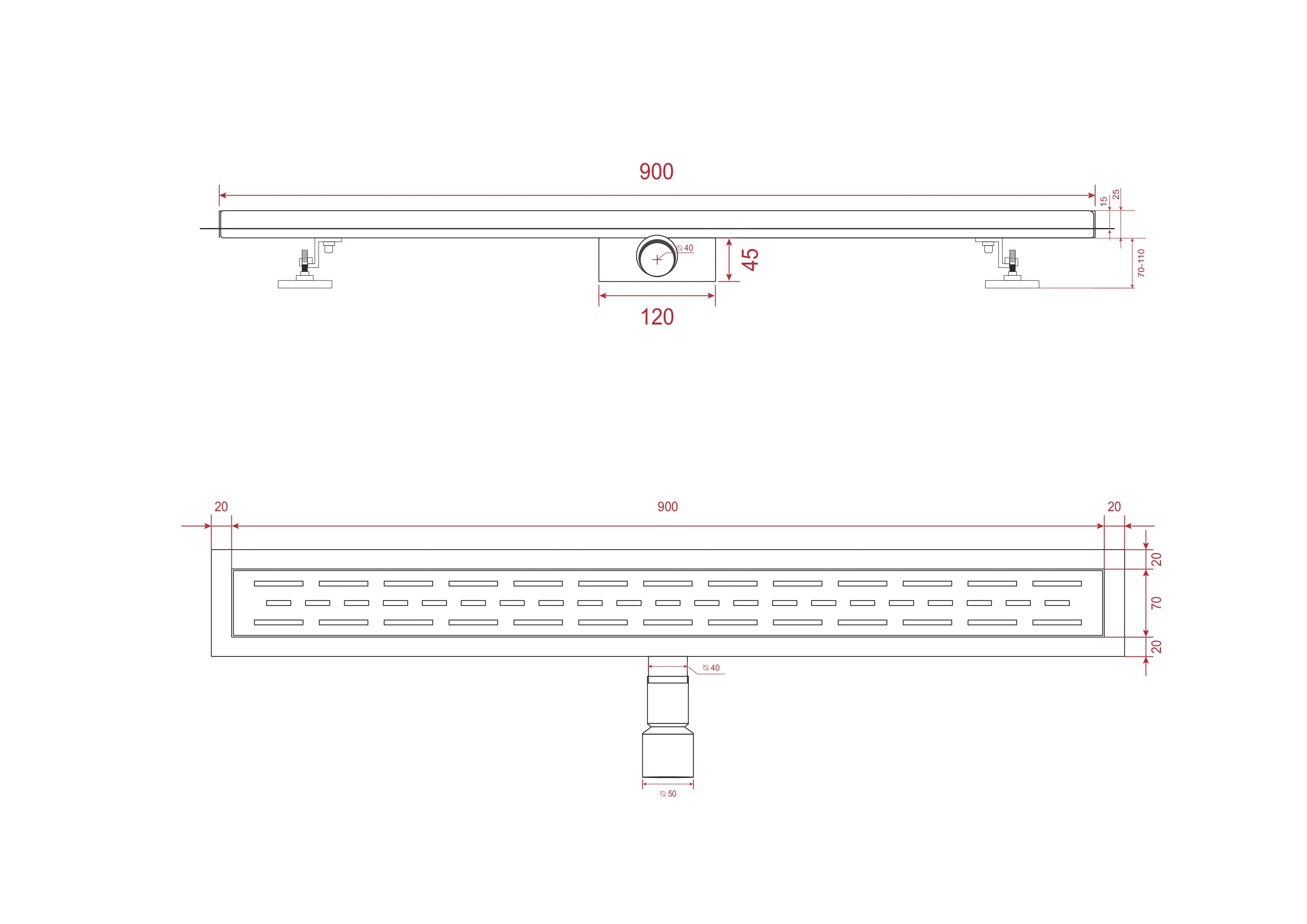 Caniveau de douche – 90 cm – Or – Grille standard – Acier inoxydable – avec bride