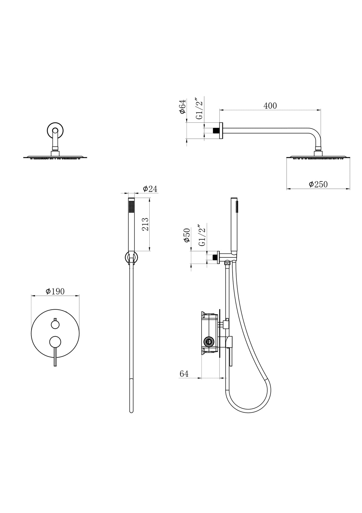 Douche de pluie encastrée Riva - noir mat avec robinet thermostatique - 25 cm