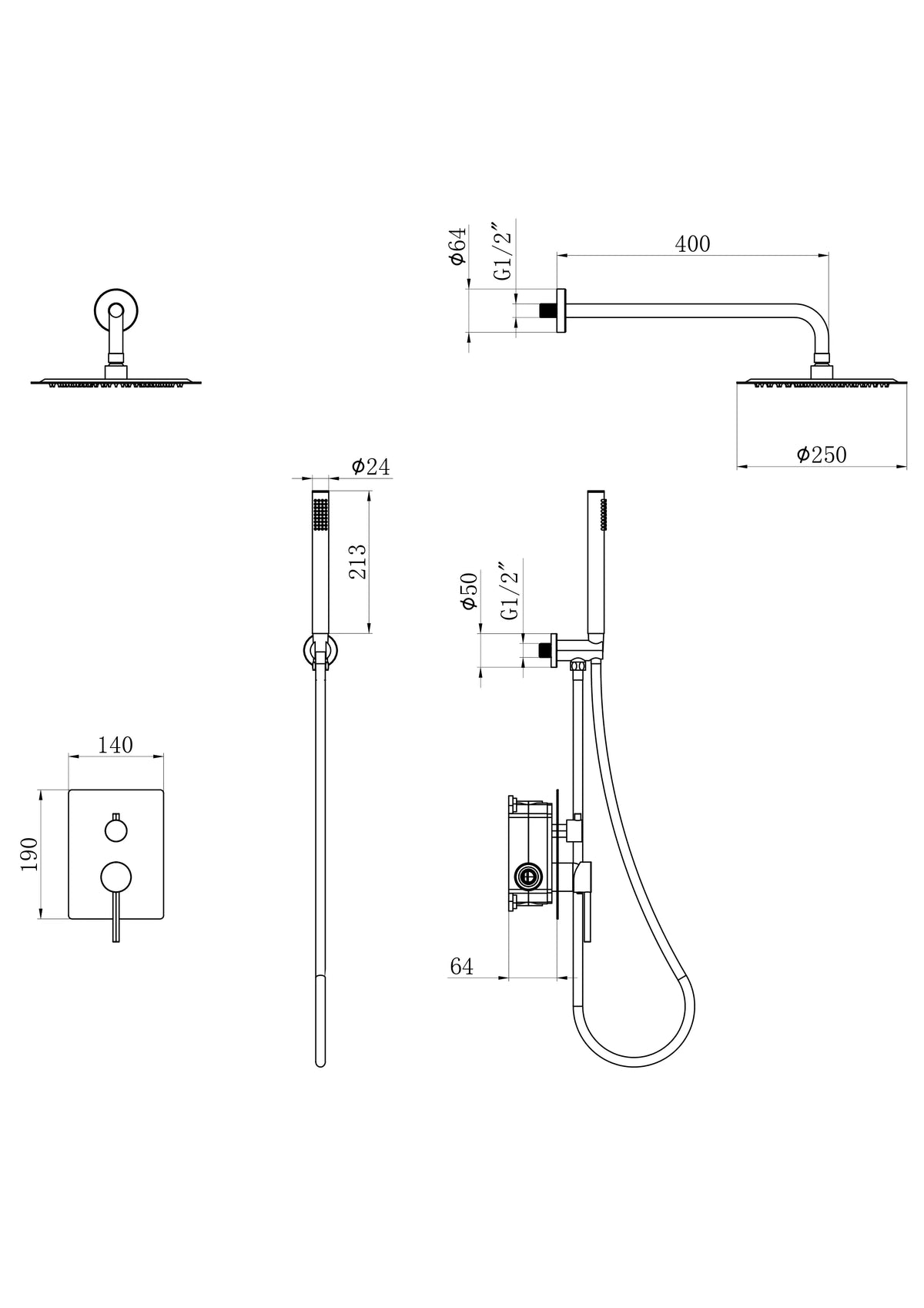 Douche pluie encastrée Daro - noir mat avec robinet thermostatique - 25 cm