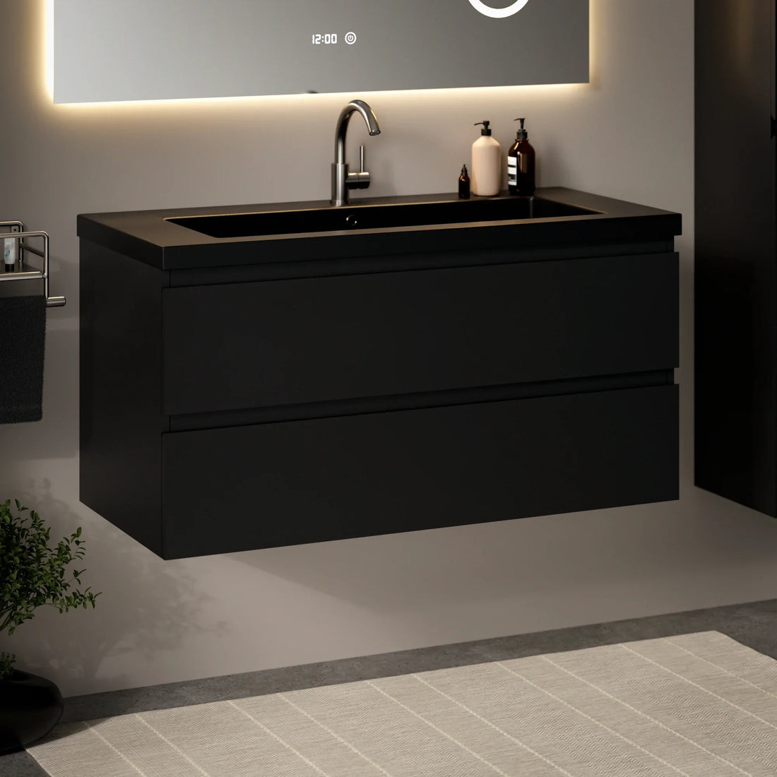 Meuble de salle de bain Sena - 100 cm - Noir Mat - Lavabo Noir - Précommander