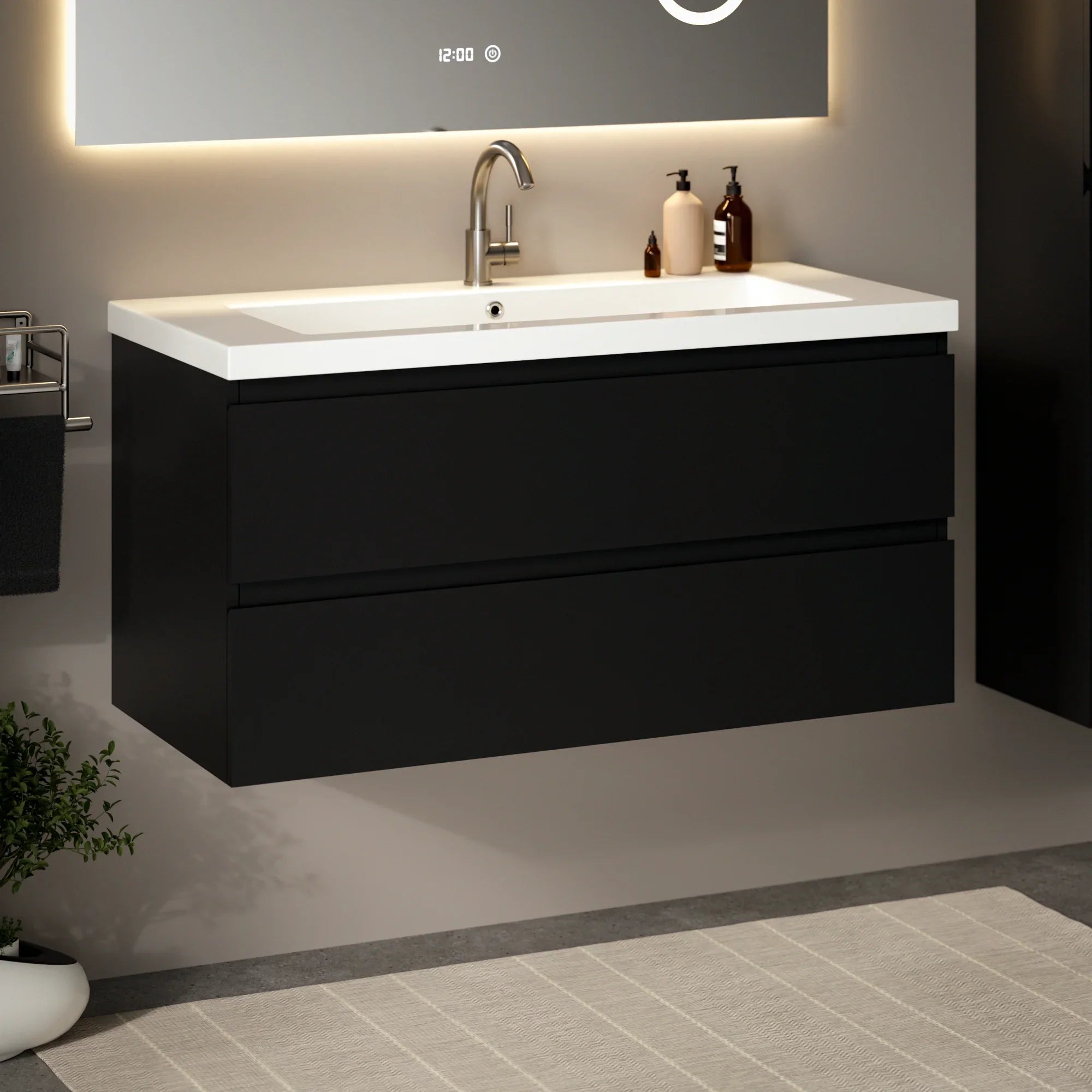 Ensemble meuble vasque Lunaro – 100 cm – Noir Mat – Lavabo Blanc