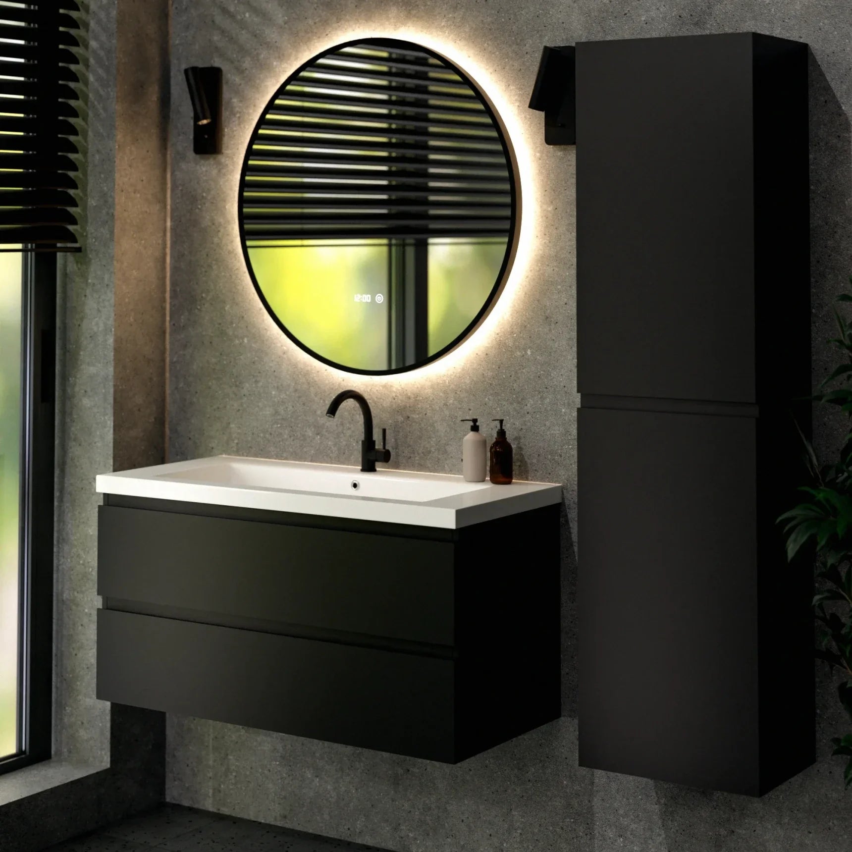 Ensemble meuble vasque Lunaro – 100 cm – Noir Mat – Lavabo Blanc