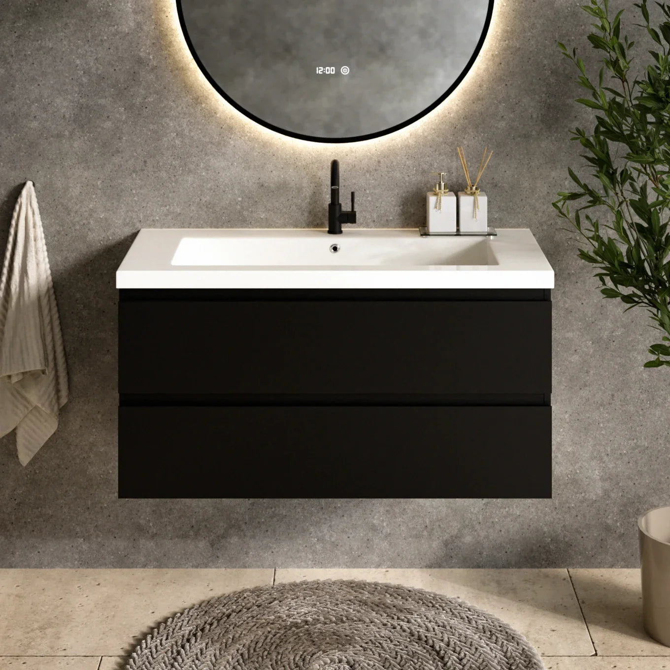 Ensemble meuble vasque Lunaro – 100 cm – Noir Mat – Lavabo Blanc