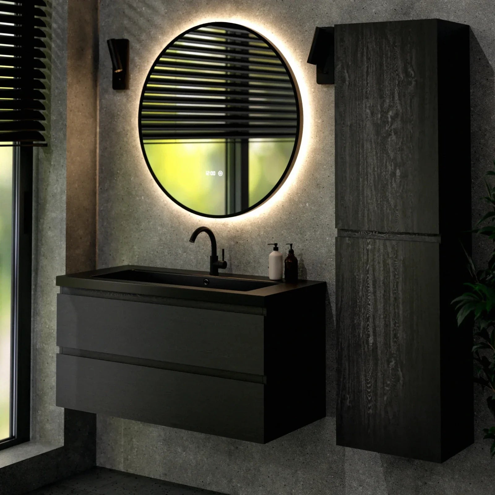 Meuble de salle de bain Sena - 100 cm - Chêne noir - Vasque noire - Précommander