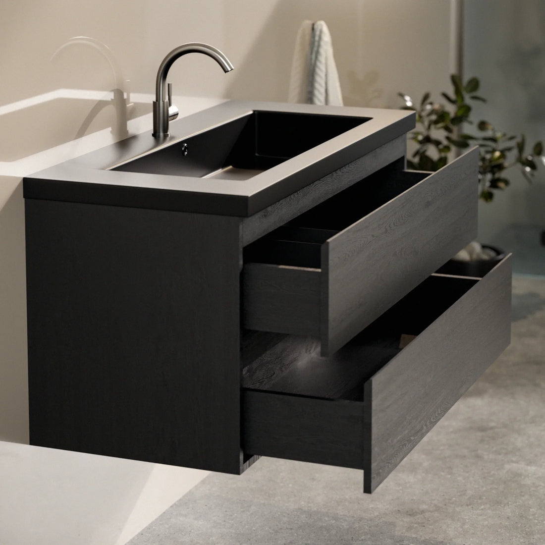 Meuble de salle de bain Sena - 100 cm - Chêne Noir - Lavabo Noir