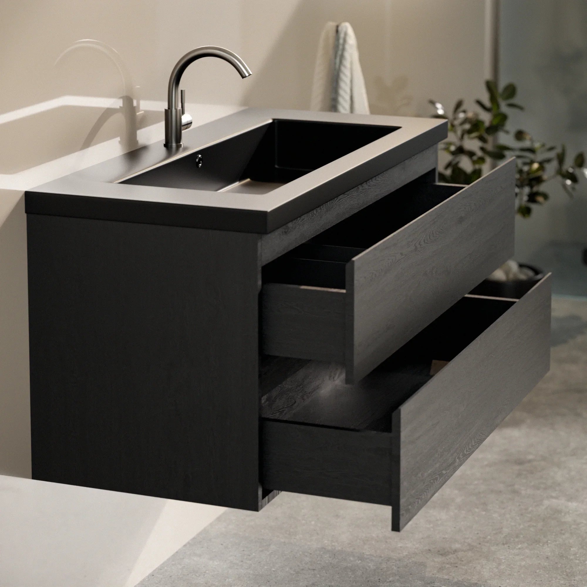 Meuble de salle de bain Sena - 100 cm - Chêne noir - Vasque noire - Précommander