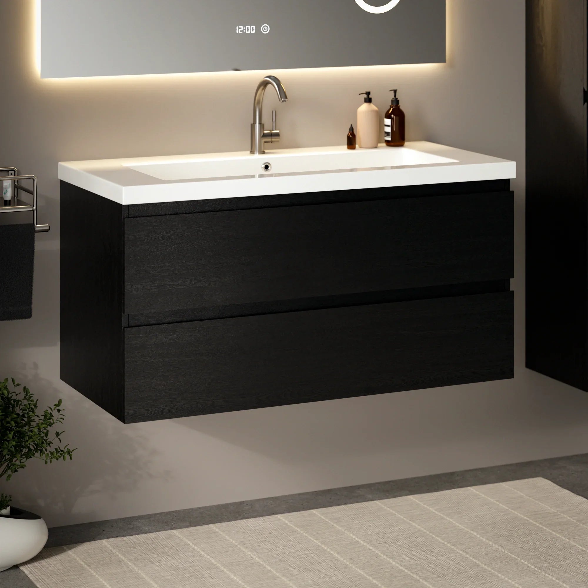 Meuble de salle de bain Sena - 100 cm - Chêne noir - Vasque blanche